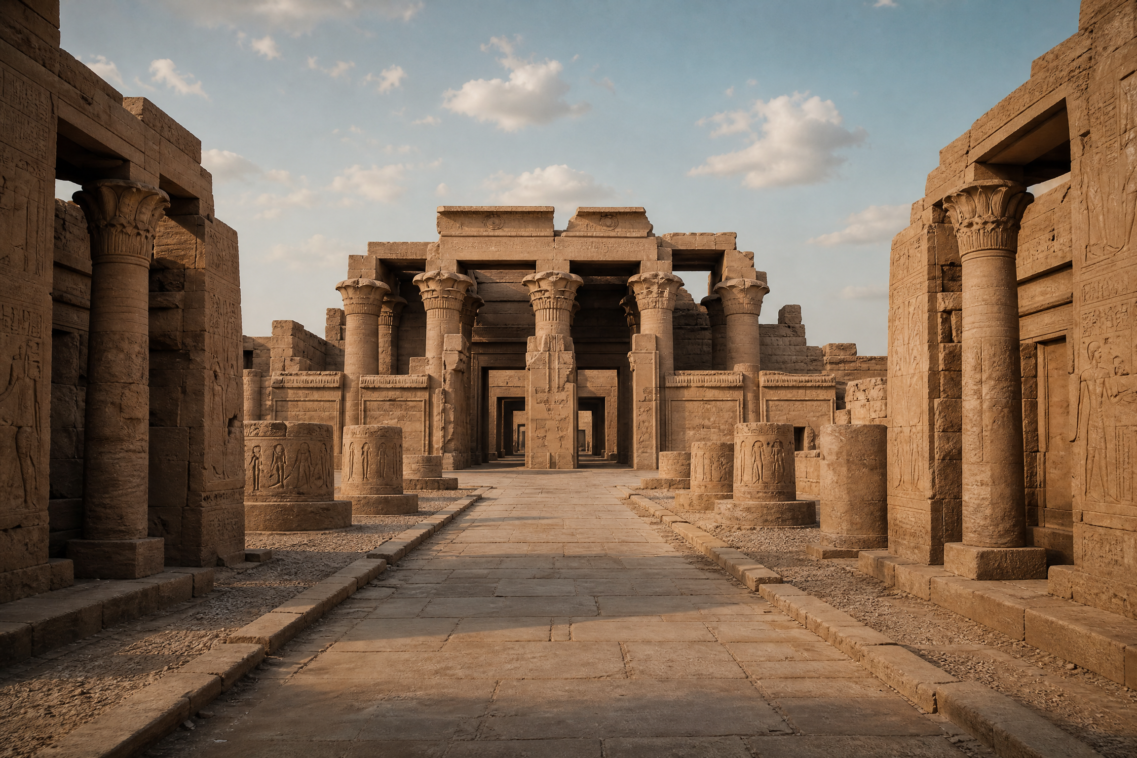 View down the central axis of Kom Ombo Temple showing the mirrored halls receding into the distance
