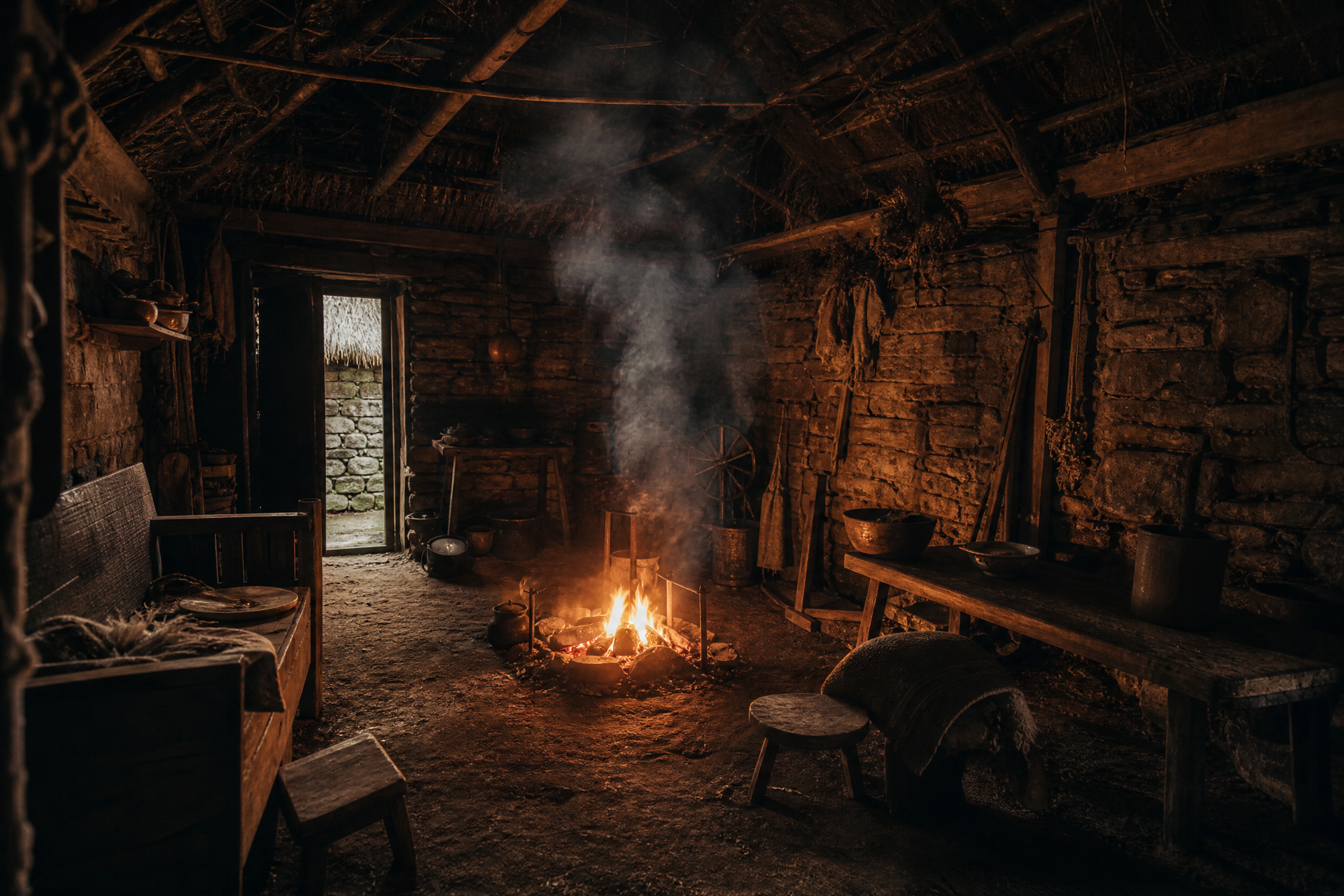 Interior of the Arnol Blackhouse showing the open peat hearth ablaze with smoke rising to blackened roof timbers