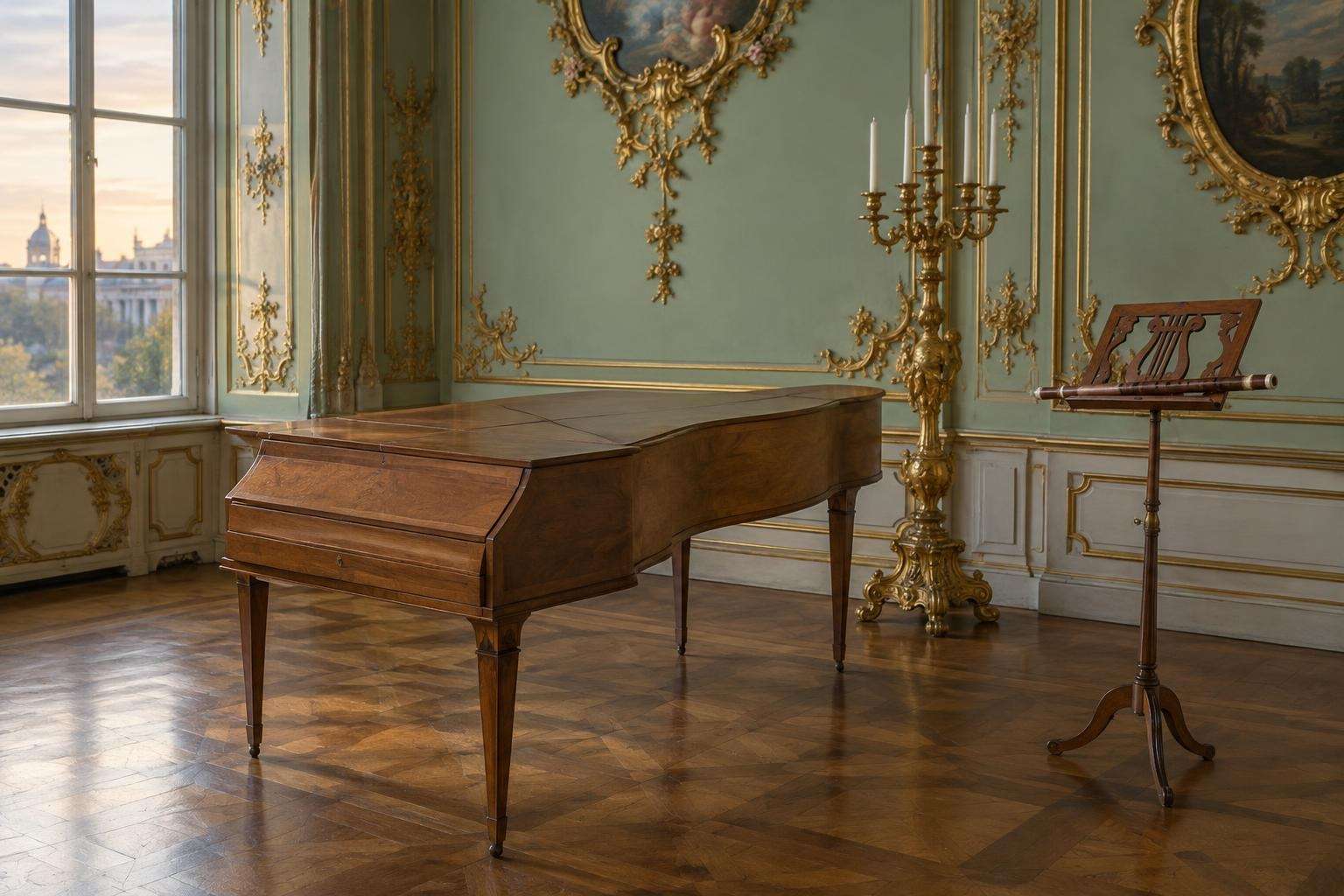 An eighteenth-century fortepiano with its lid closed beside a gilded candelabrum and a music stand in a rococo palace music room in Potsdam