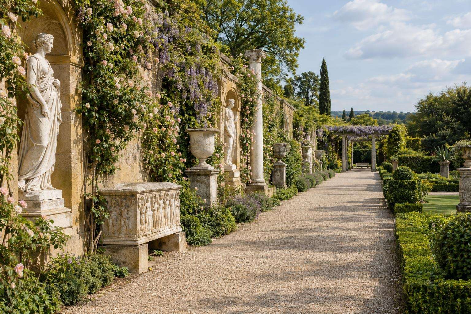 Classical statues and urns set along a sandstone wall in an Edwardian Italian garden in Kent.