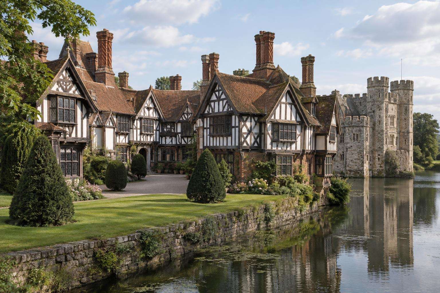 A cluster of Edwardian half-timbered Tudor-revival buildings beside a moat in Kent.
