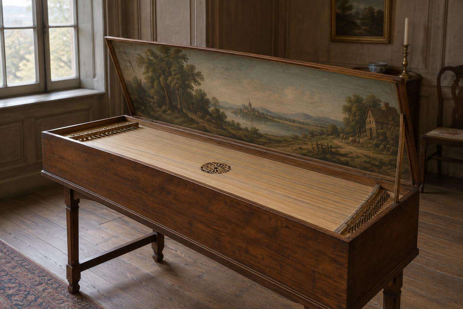 An eighteenth-century clavichord with a painted wooden lid open, standing in a quiet panelled room lit by a tall window, with its keys hidden by the angle of view