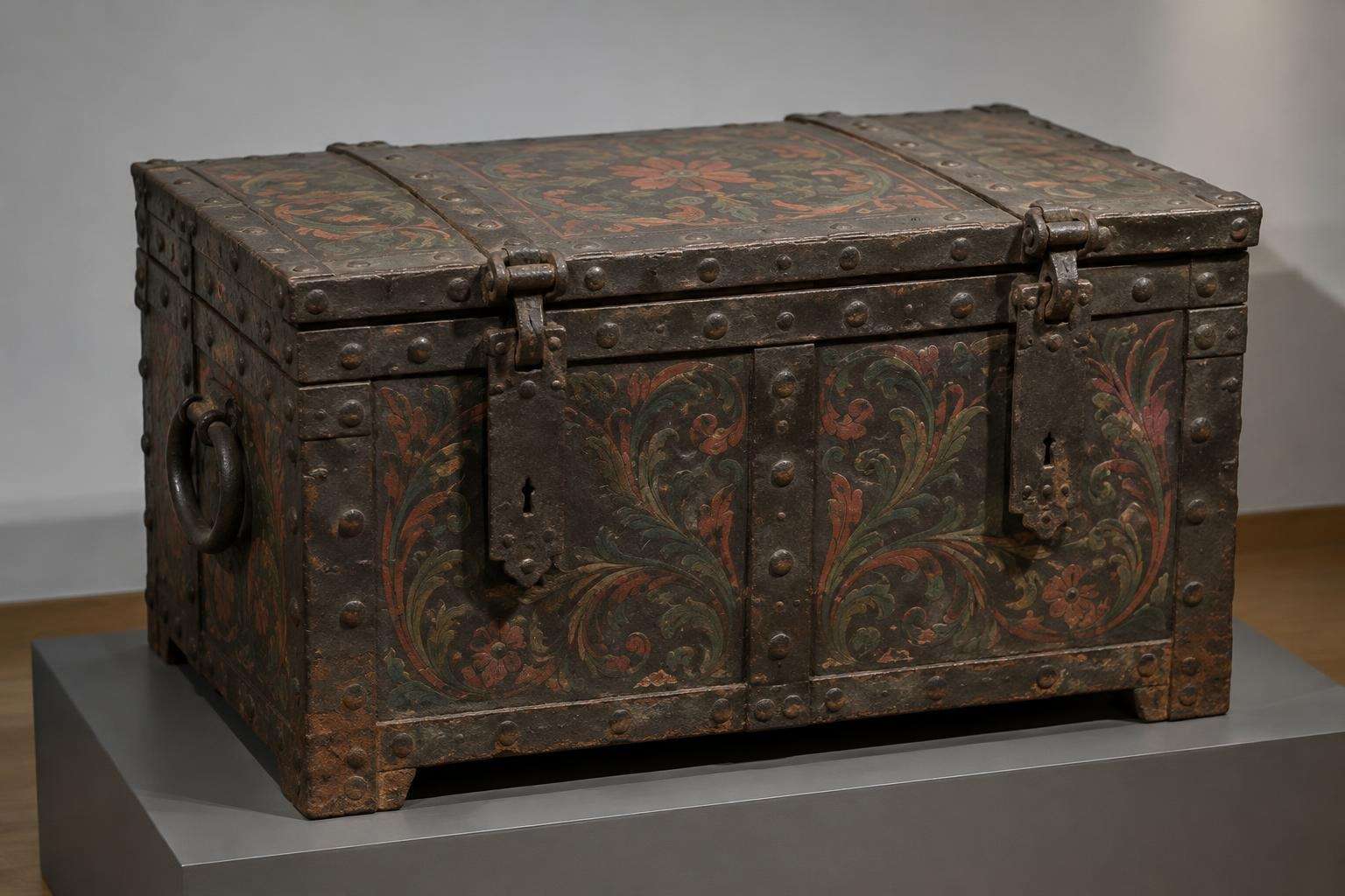 A heavy eighteenth-century iron strongbox with painted decoration and many bolts on display in a museum room in Leipzig