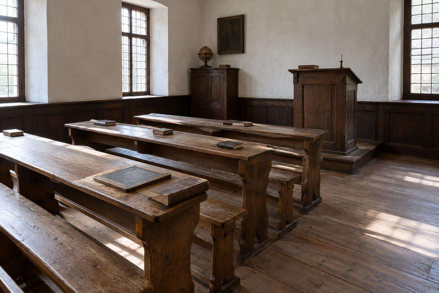 A plain eighteenth-century schoolroom with rows of wooden desks, an old lectern and Latin books under tall windows in Leipzig, Germany