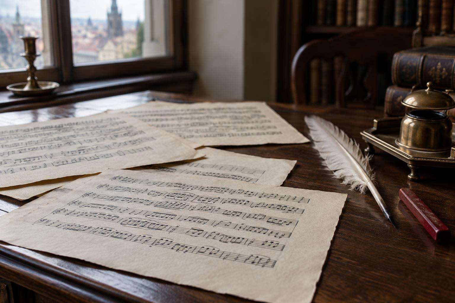 Pages of an engraved eighteenth-century music print with dense notation lying on a writing desk beside a quill and sealing wax in Leipzig