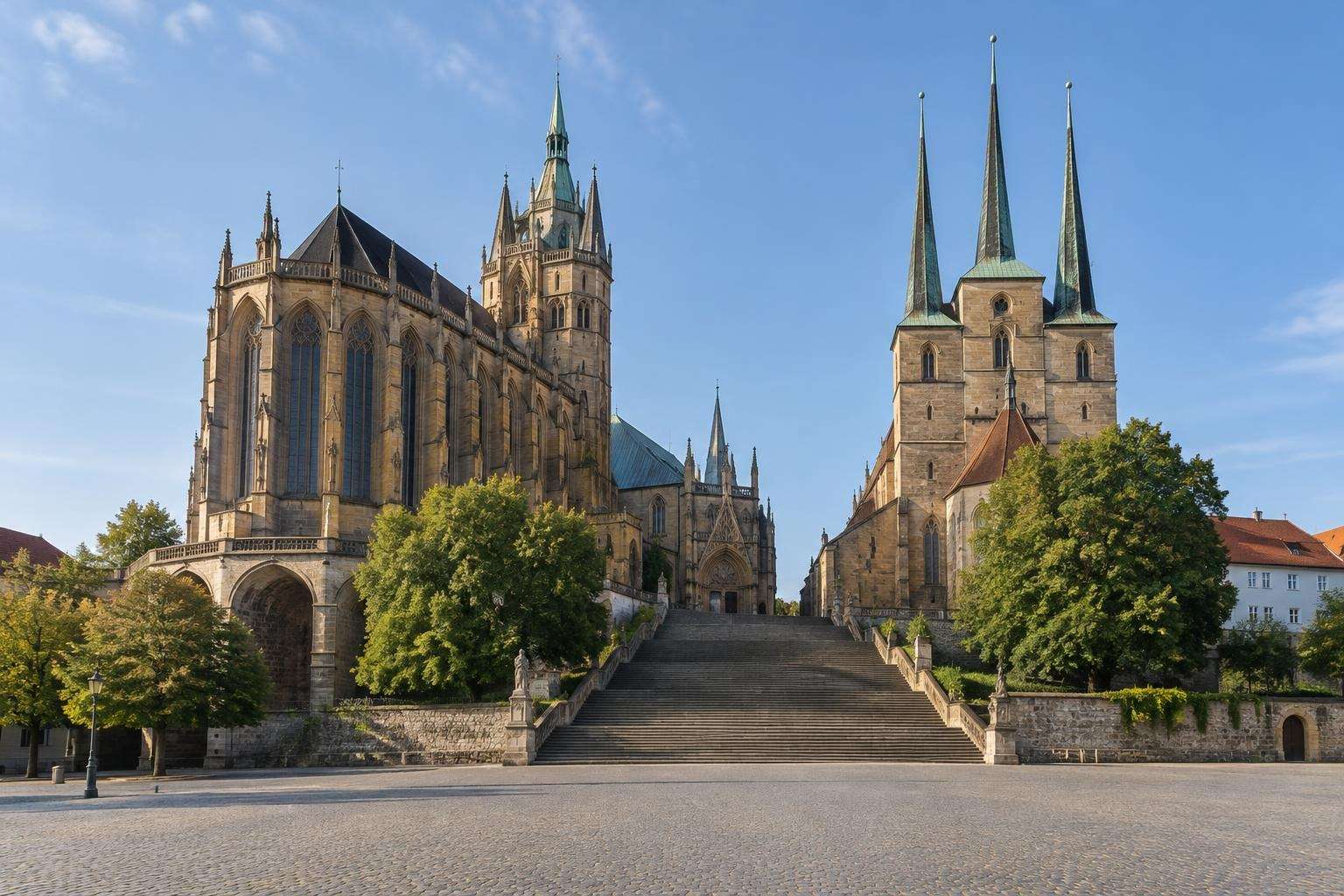 A wide cobbled cathedral square in Erfurt with a broad flight of stone steps leading up to a Gothic cathedral and a second church with three spires