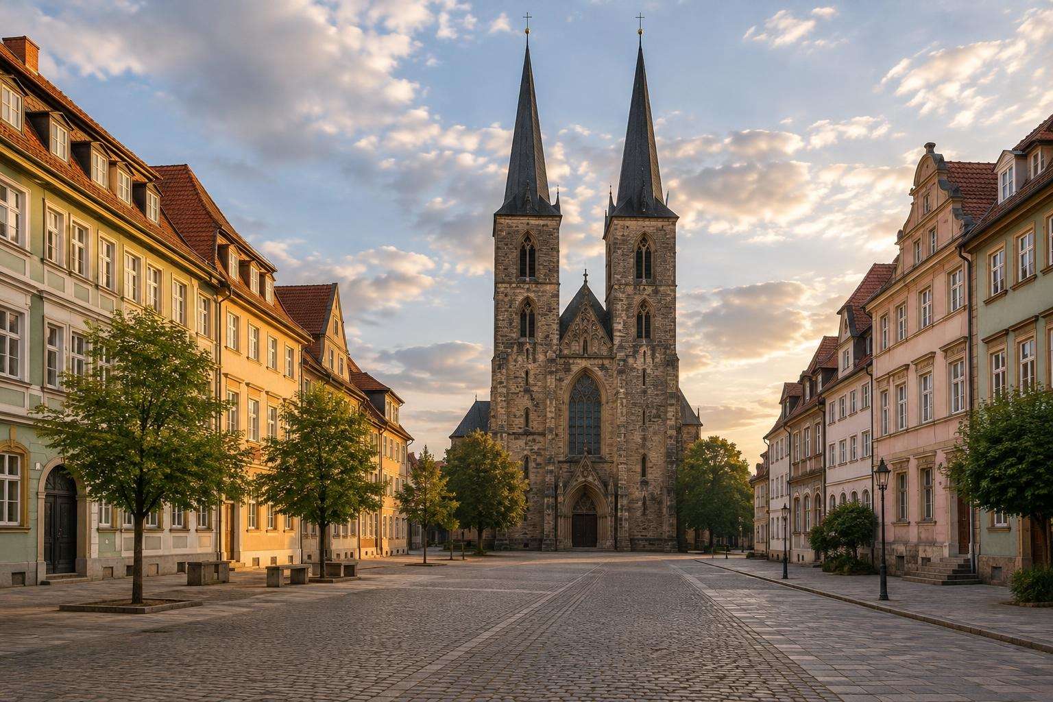 A Gothic Lutheran church with two slender stone towers standing at the edge of a long town square lined with historic townhouses in Erfurt, Thuringia