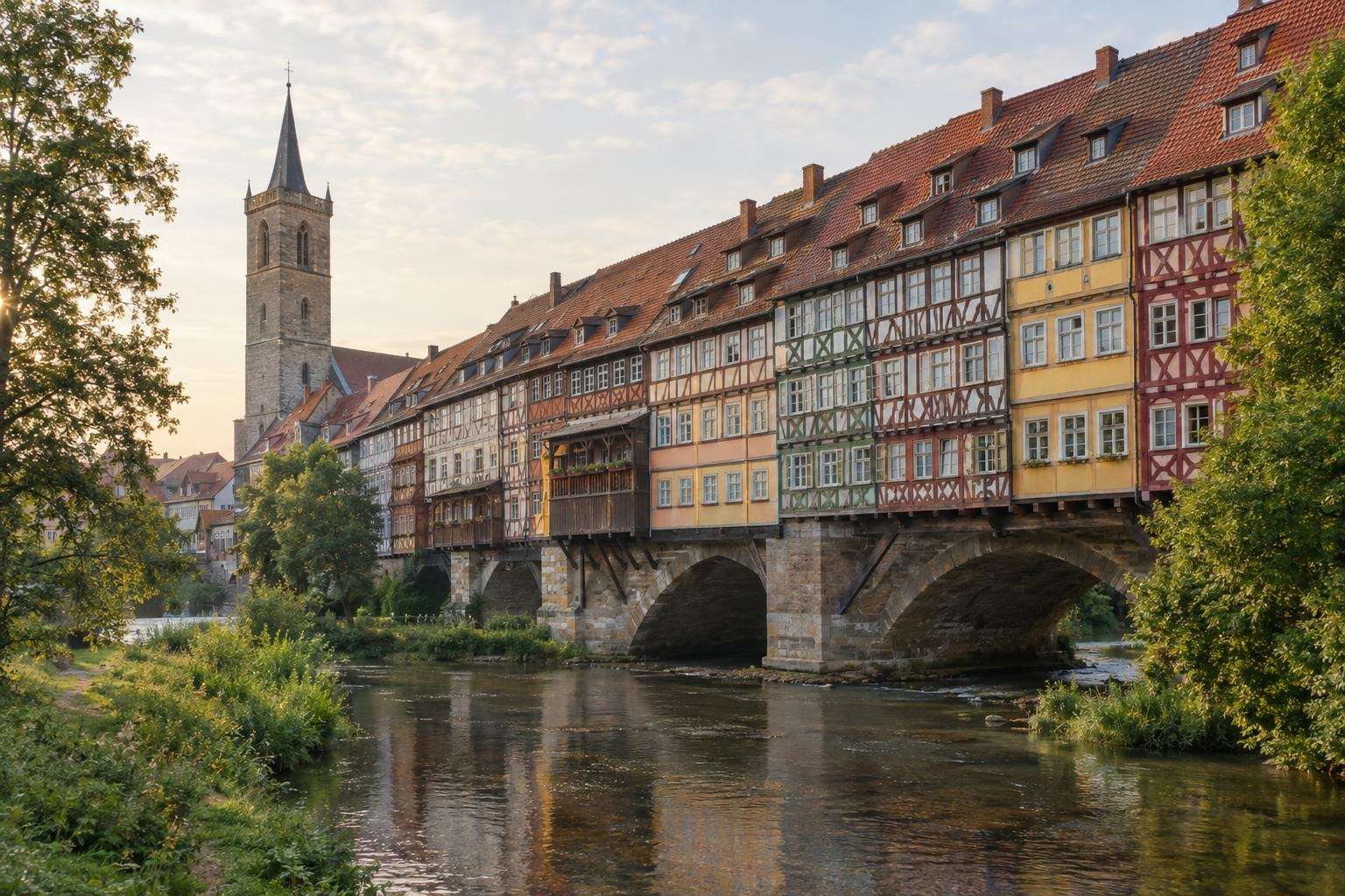 The Krämerbrücke in Erfurt, a medieval stone bridge lined with half-timbered houses, reflected in the river Gera in early morning light