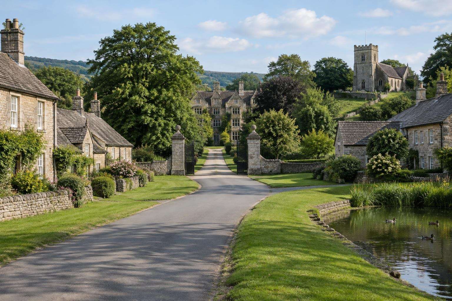 Stone cottages, wide verges and the gates of a Jacobean hall in an estate village in the Derbyshire Peak District.