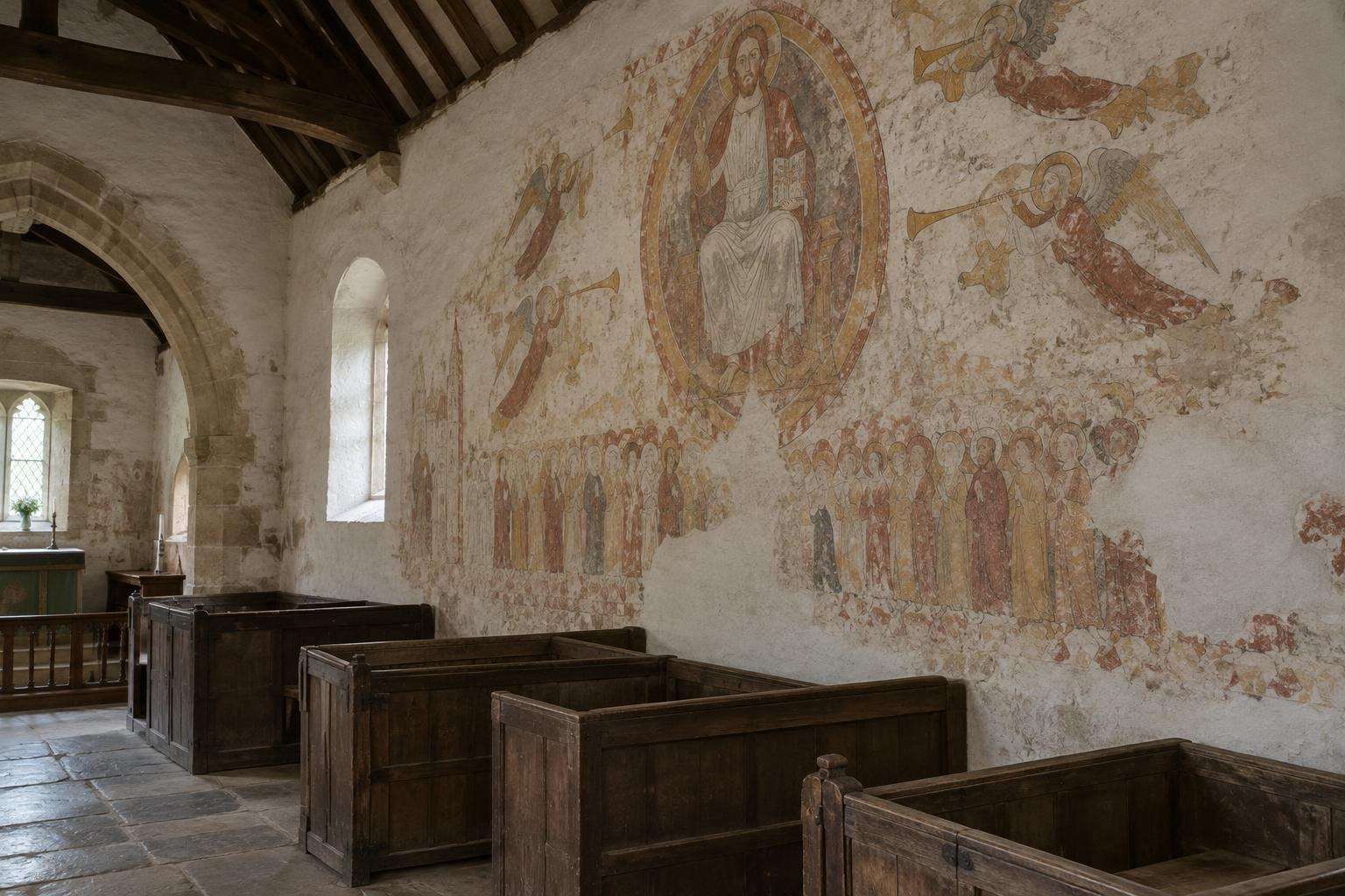 A large, faded fourteenth-century wall painting of the Last Judgement on the nave wall of a small Cotswold church.