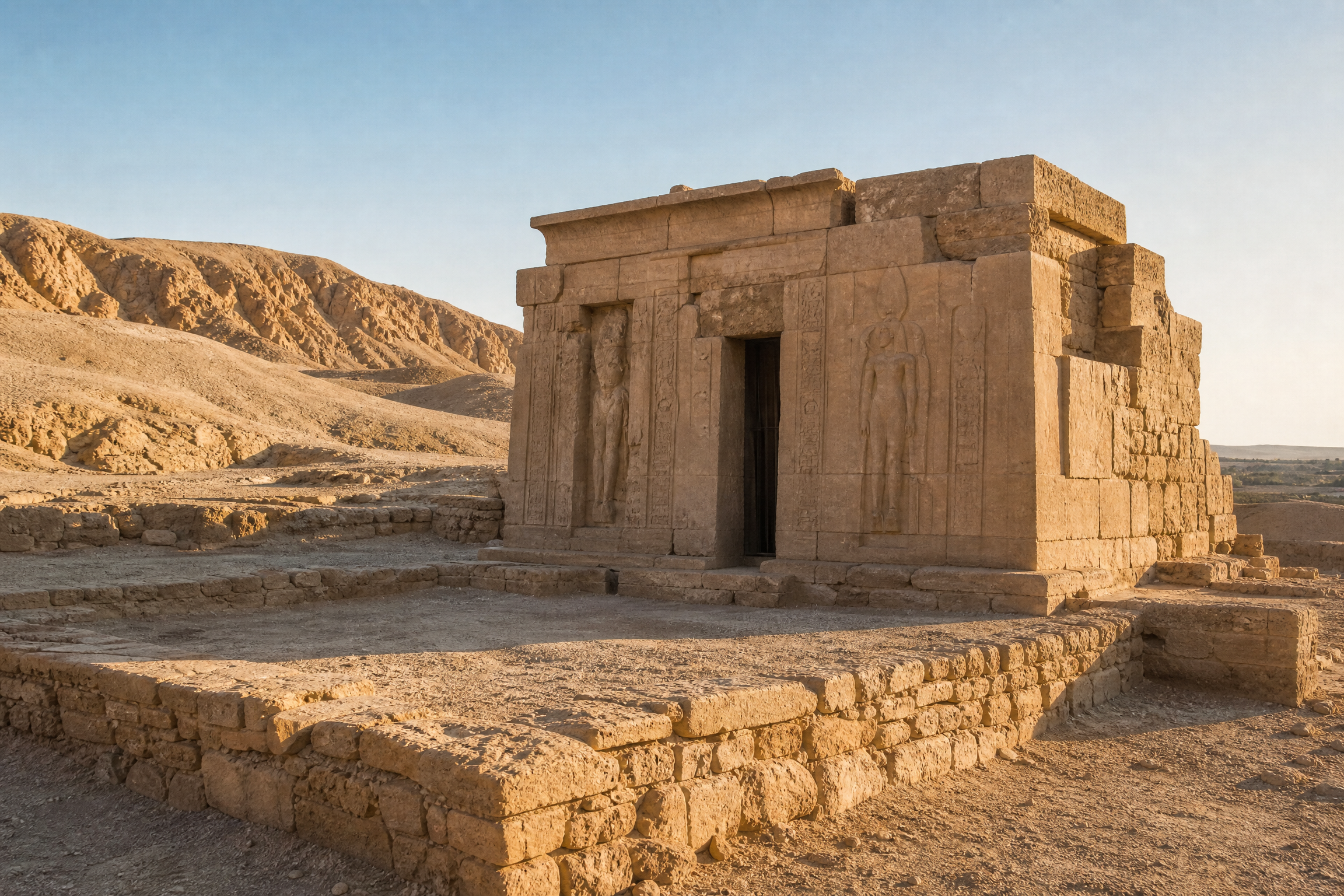 Small Ptolemaic-era temple dedicated to Hathor near the entrance to Deir el-Medina, Luxor, Egypt