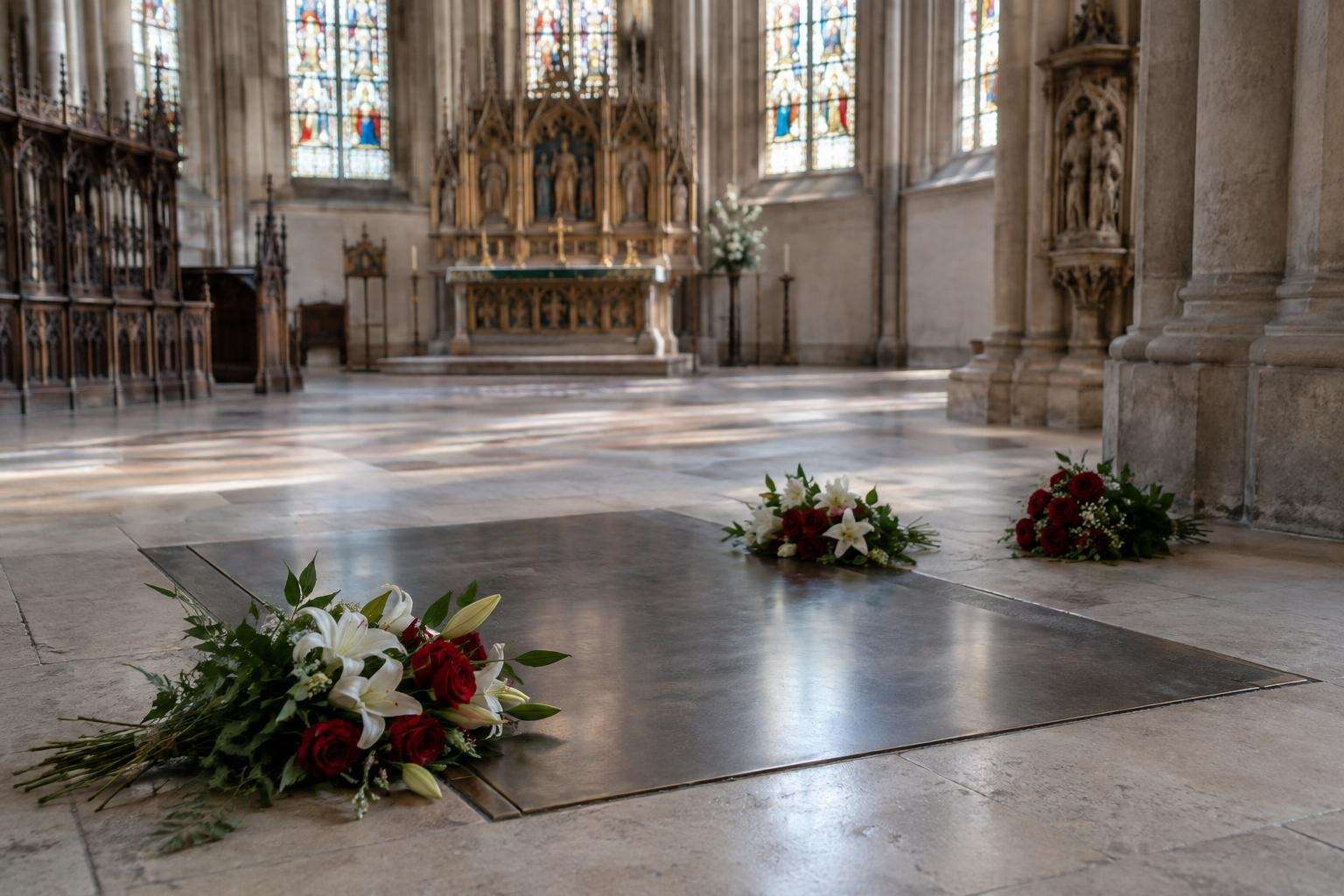 Flowers laid on a plain bronze memorial slab in the stone floor of a Gothic church choir in Leipzig, Germany