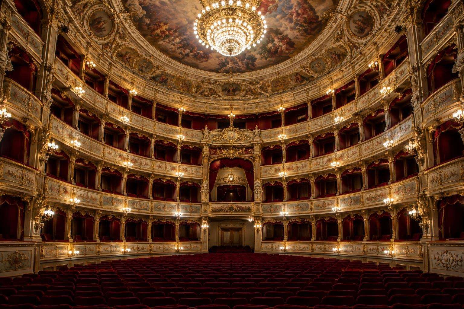 A grand Baroque opera house interior with tiers of gilded boxes, red velvet seats and a painted ceiling in Dresden, Germany