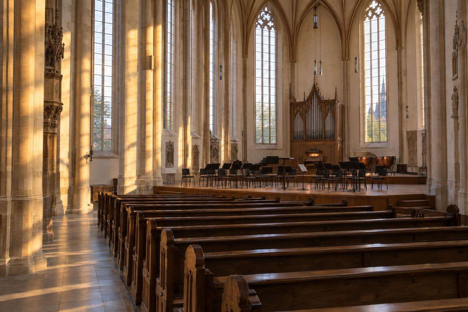 A Gothic church in Leipzig on a June evening, with chairs, music stands and kettledrums set out for a concert at the front of the nave.