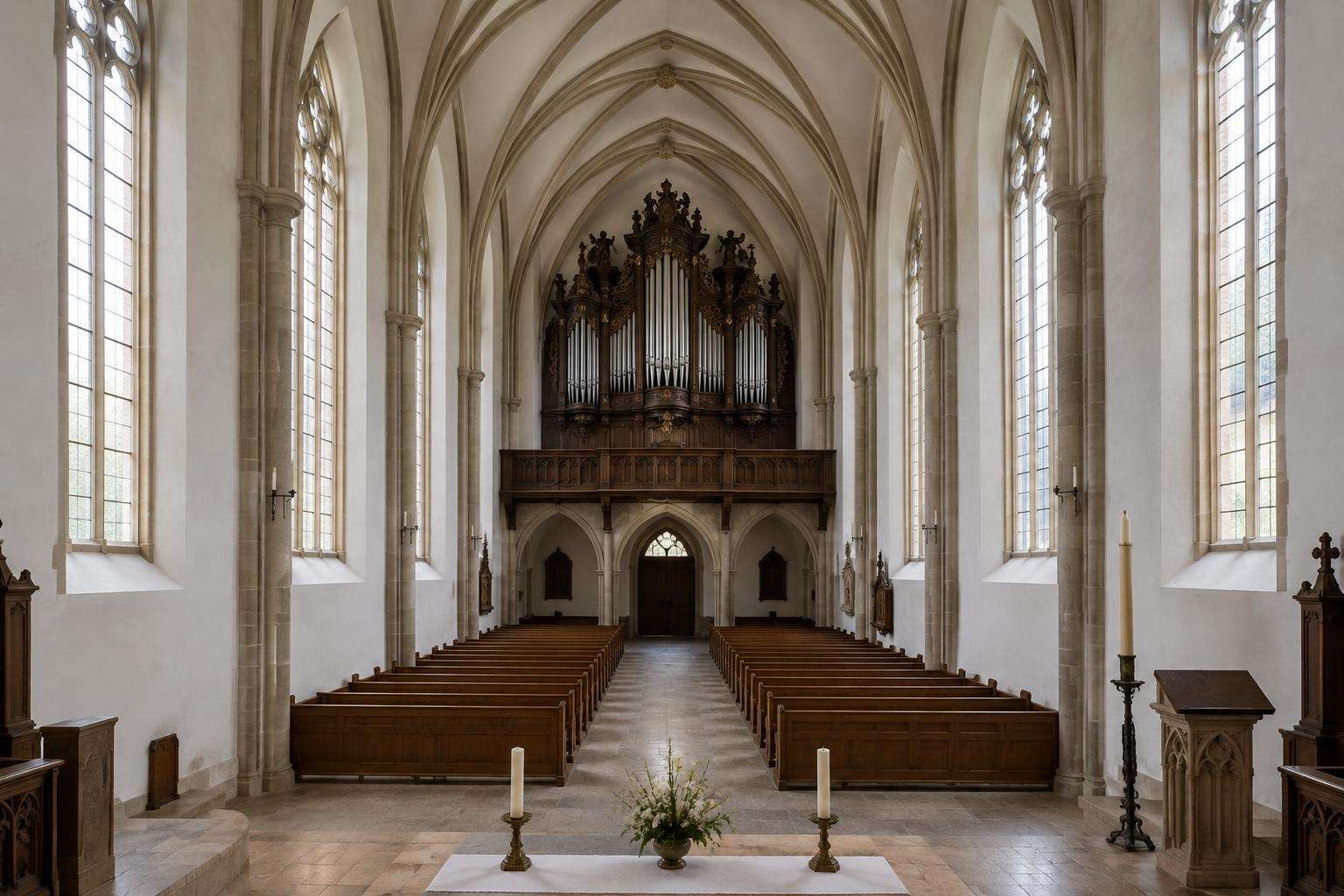 A tall, plain Gothic church interior with white walls, a high vaulted ceiling and an organ case in a gallery at the far end, lit by soft daylight