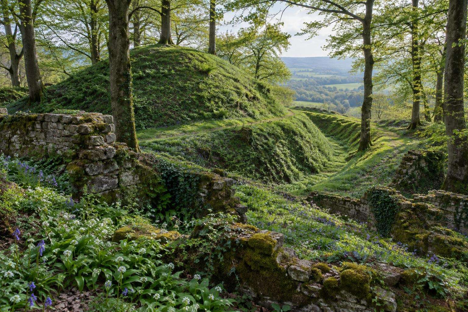 Grassy banks, ditches and mossy wall fragments of a Norman castle site on a wooded spur in north Wiltshire.