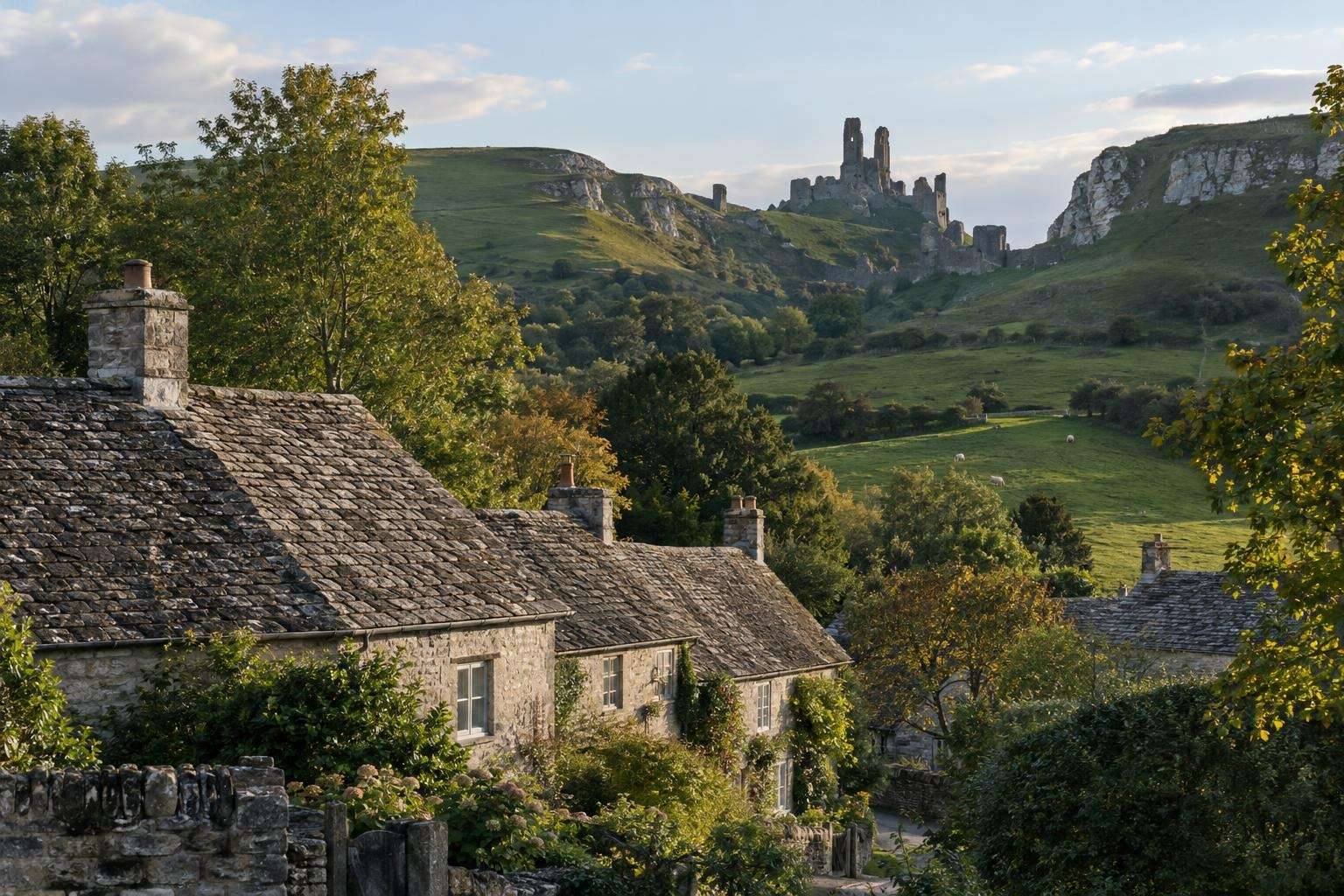 Grey Purbeck limestone cottages in Dorset with the ruins of a medieval castle on a hill beyond.
