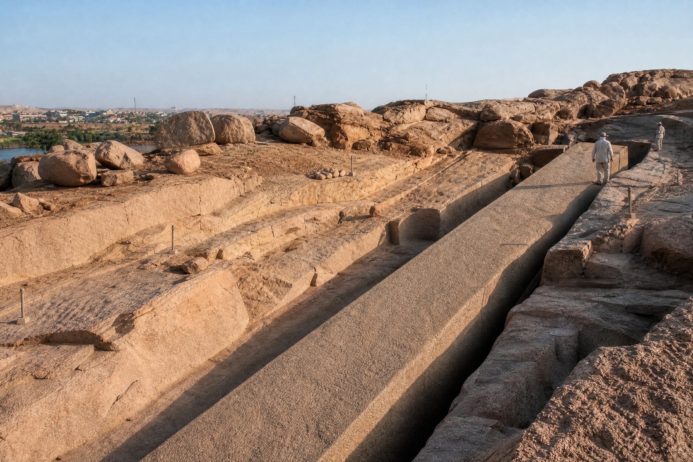 Raised visitor walkway running alongside the Unfinished Obelisk at the Aswan granite quarry