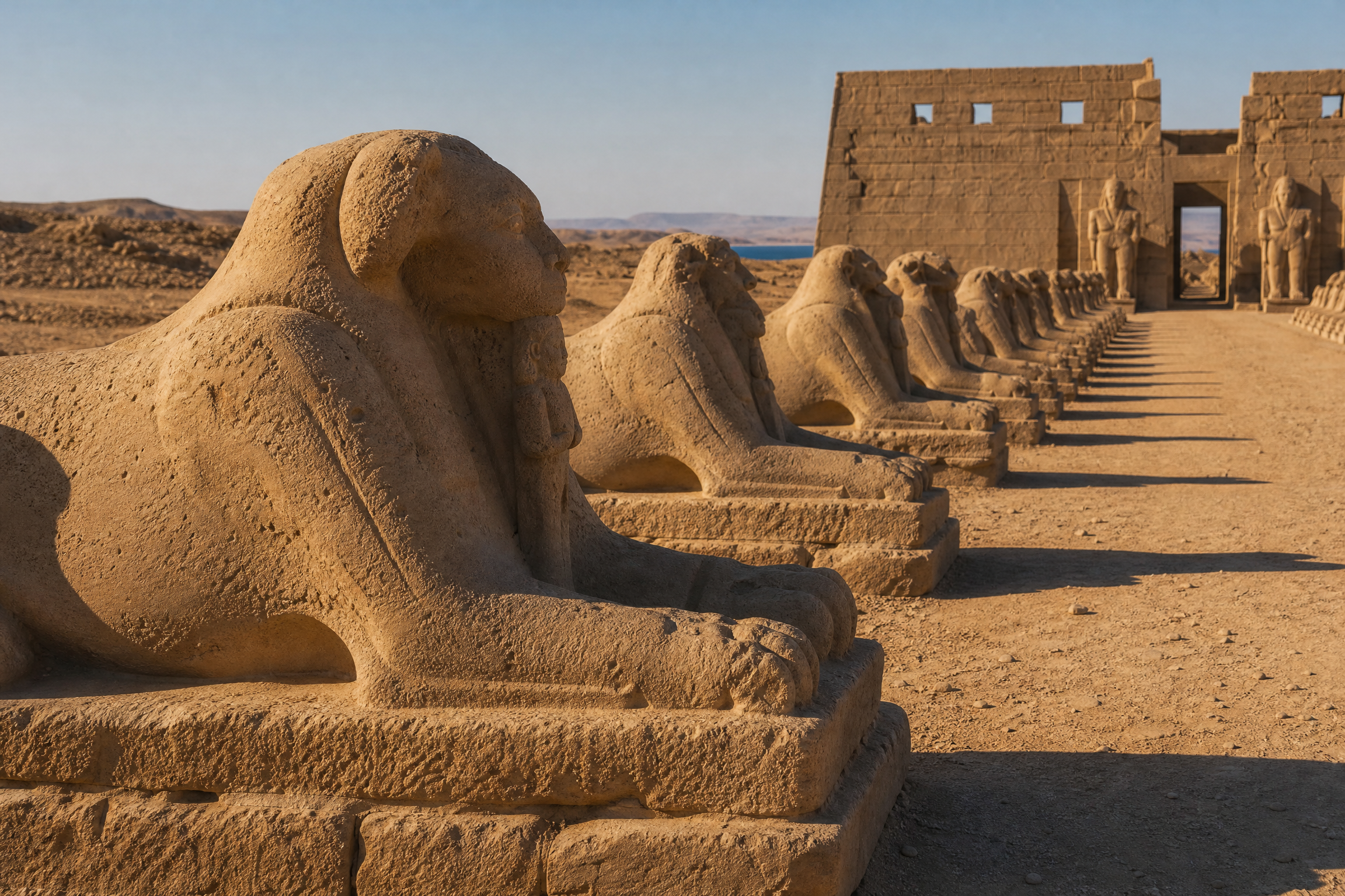 Sphinx-lined processional avenue leading to the sandstone temple of Wadi el-Seboua