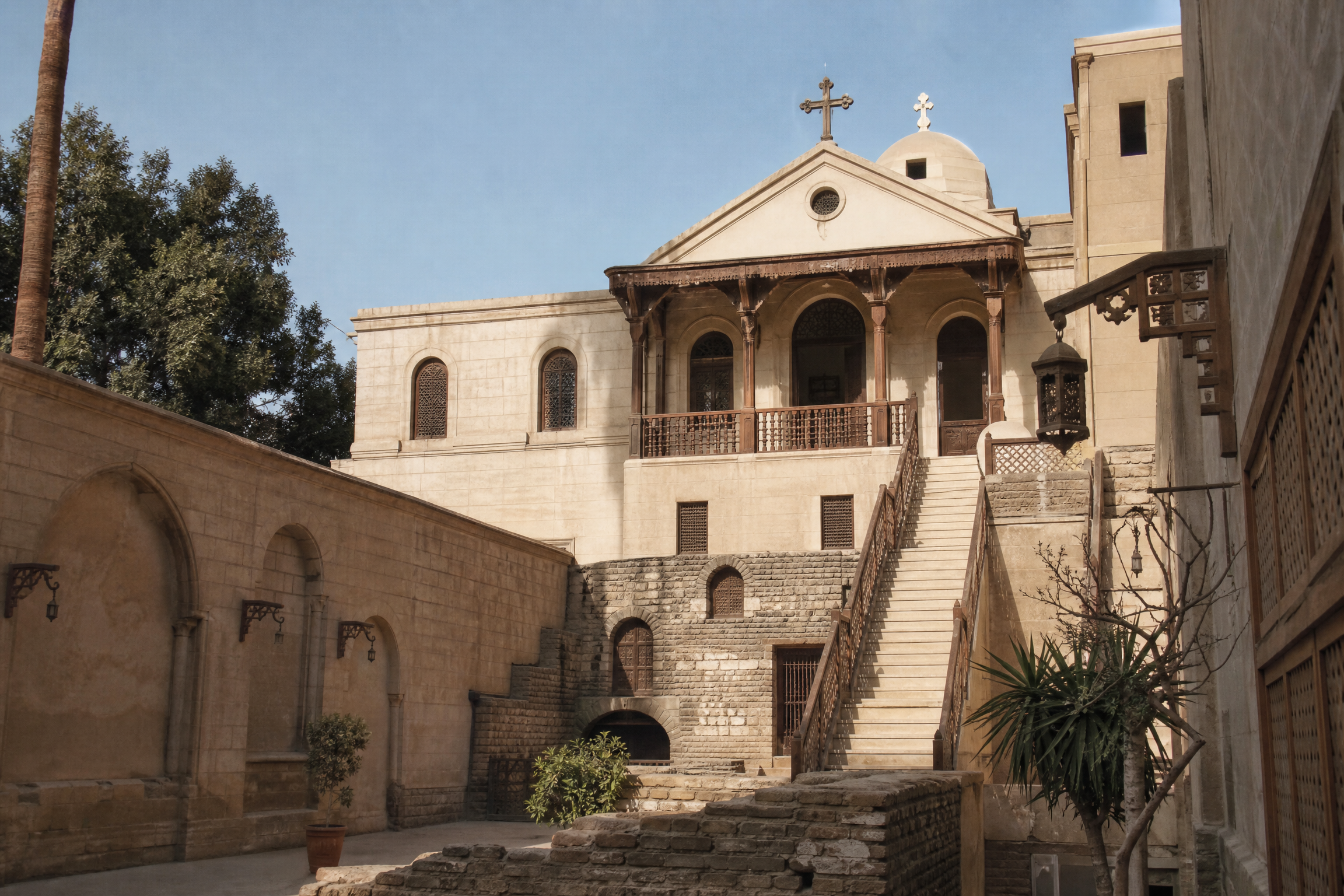 Exterior of the Hanging Church, built above the gatehouse of the Roman fortress of Babylon in Old Cairo, Egypt