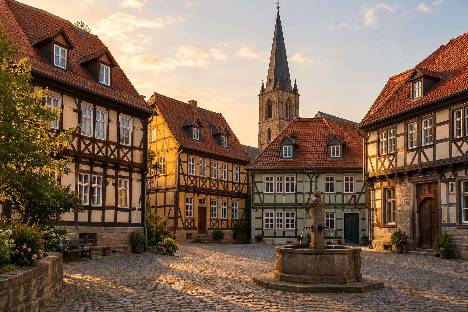 Half-timbered houses and a church spire in a small Thuringian town in central Germany in golden evening light