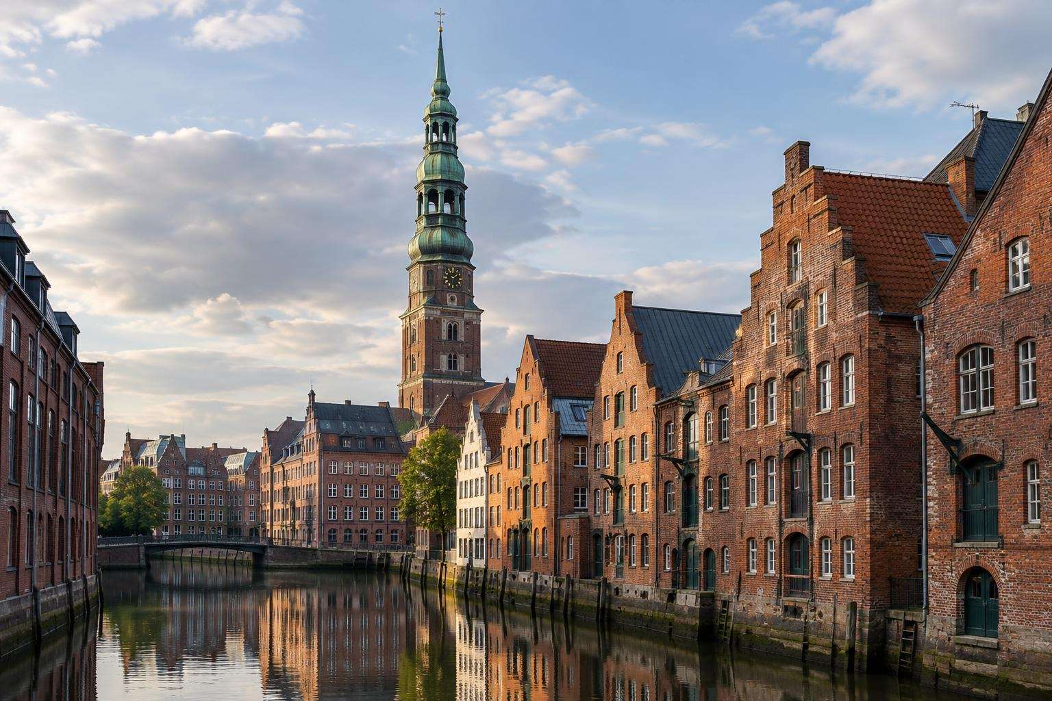 A tall Baroque church tower with a green copper spire rising over historic brick buildings and a canal in Hamburg, Germany