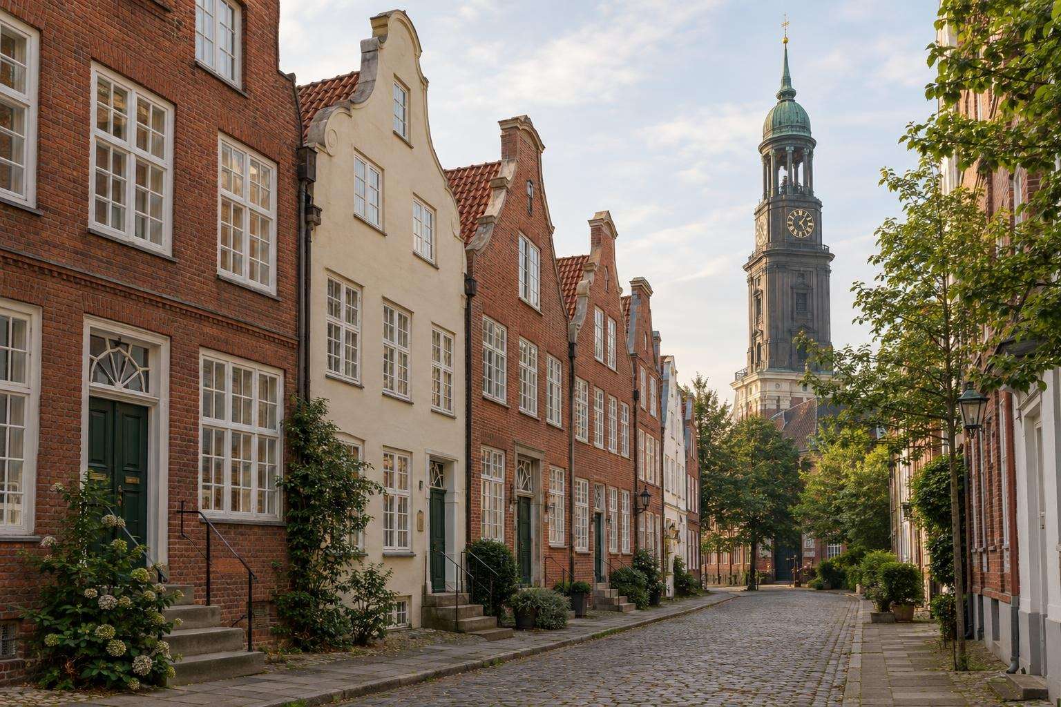 A quiet cobbled street of restored eighteenth-century gabled houses in Hamburg's Neustadt, with the tower of St Michael's Church rising behind