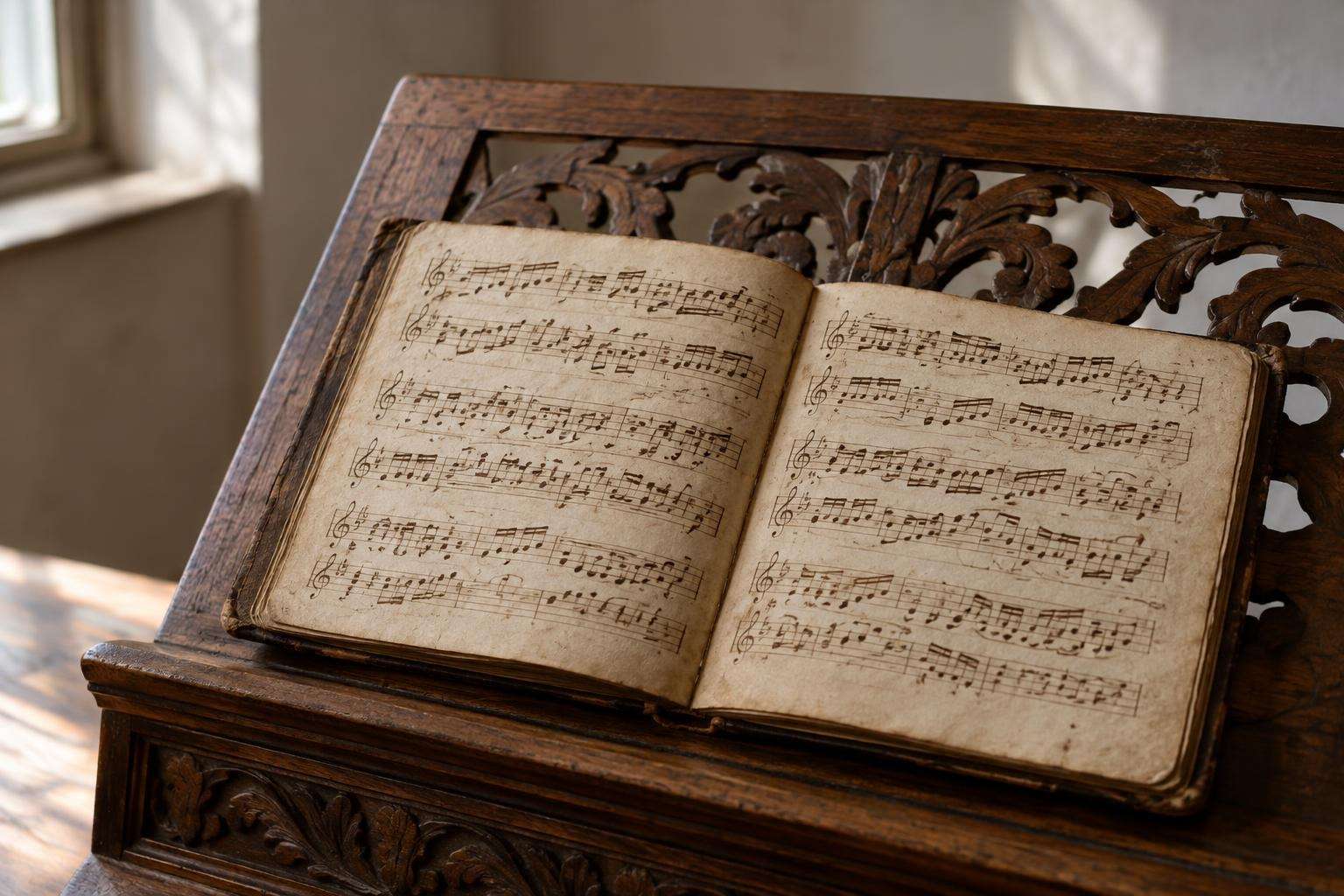 A small handwritten eighteenth-century music notebook open on a carved wooden music desk in a sunlit room in Köthen