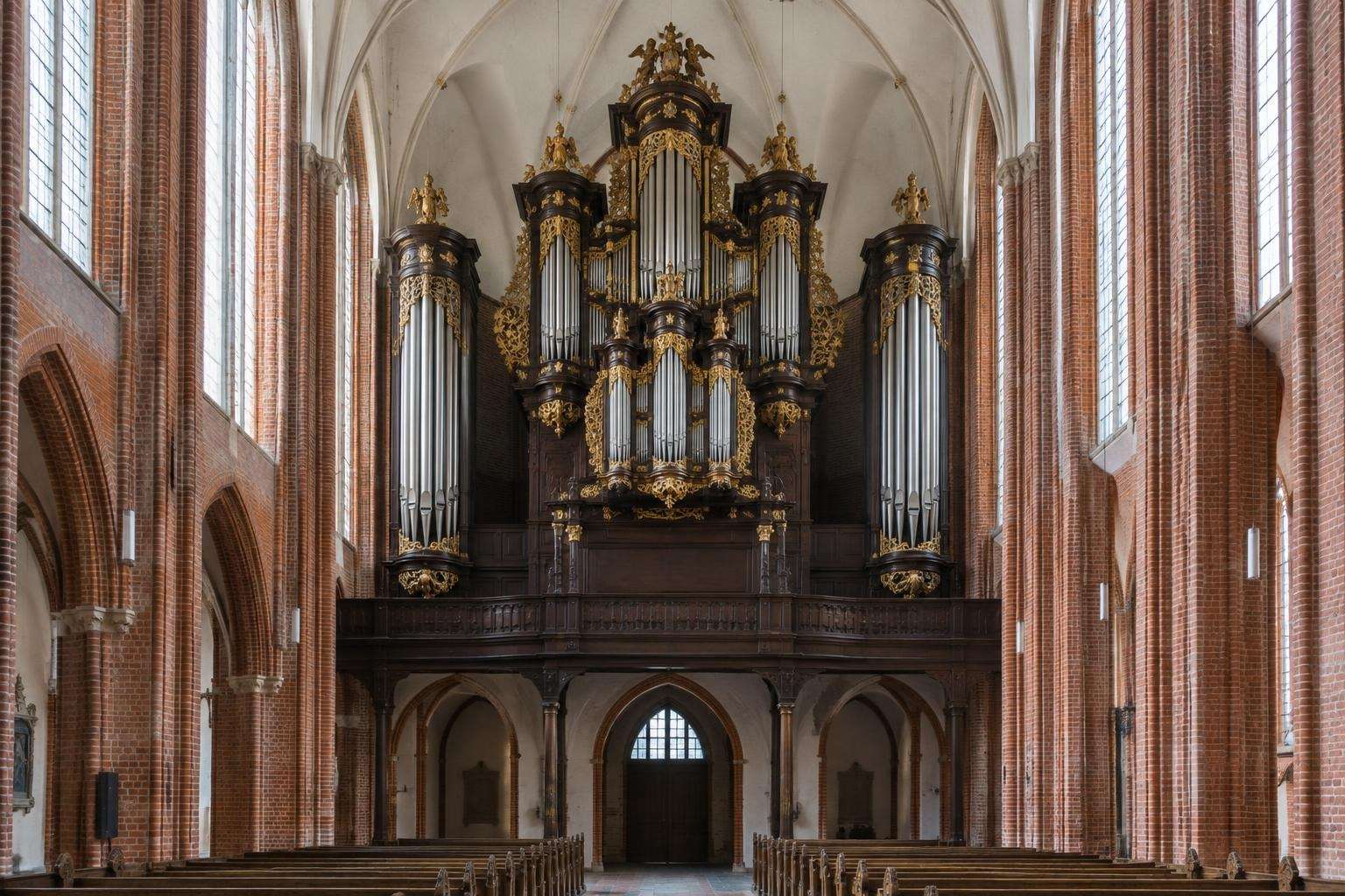 A large Baroque church organ with a carved dark wooden case and tall silver pipes in a Gothic brick church in Hamburg, viewed from the nave