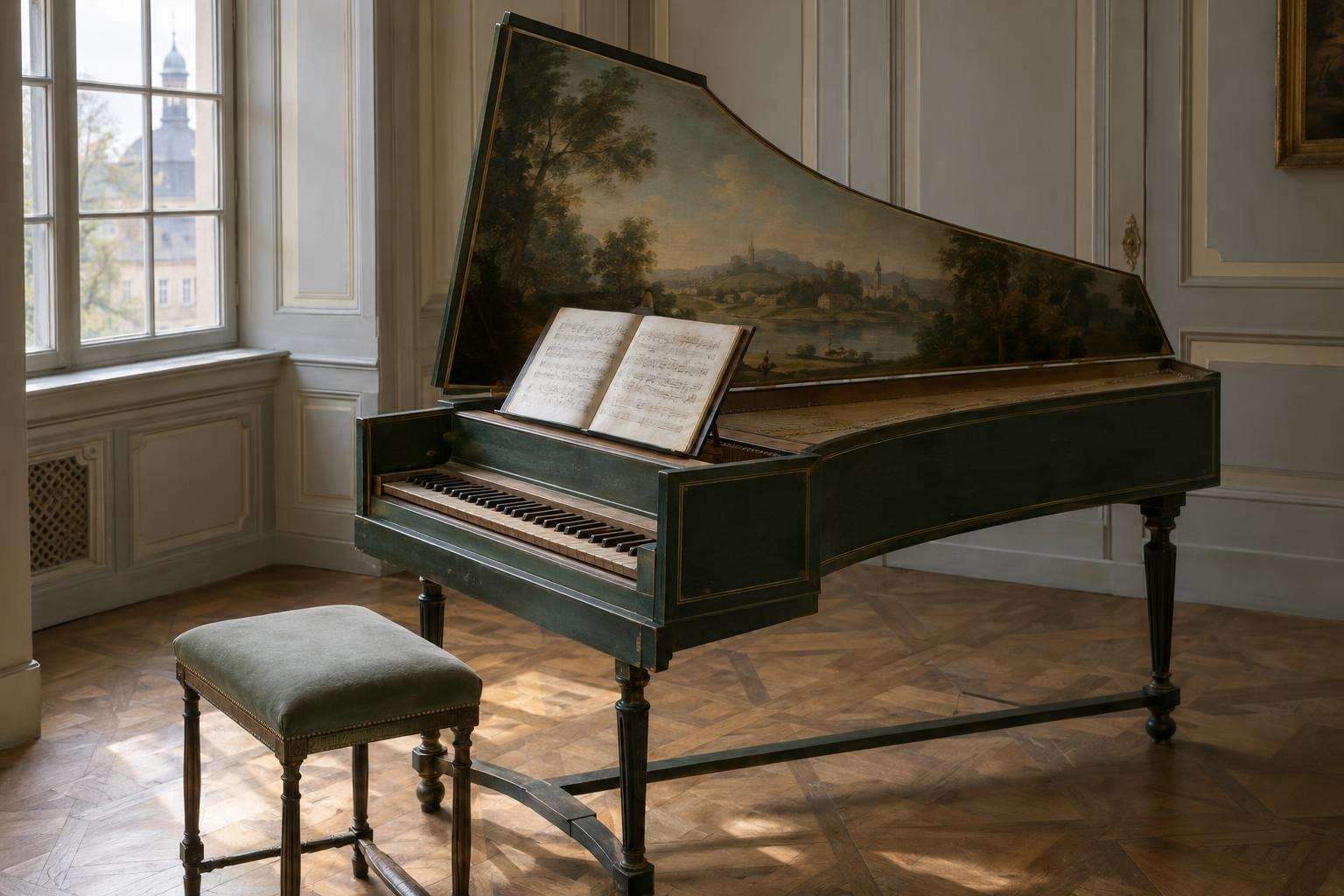 An eighteenth-century harpsichord by a tall window in a Baroque palace room in Köthen, Germany, in soft morning light