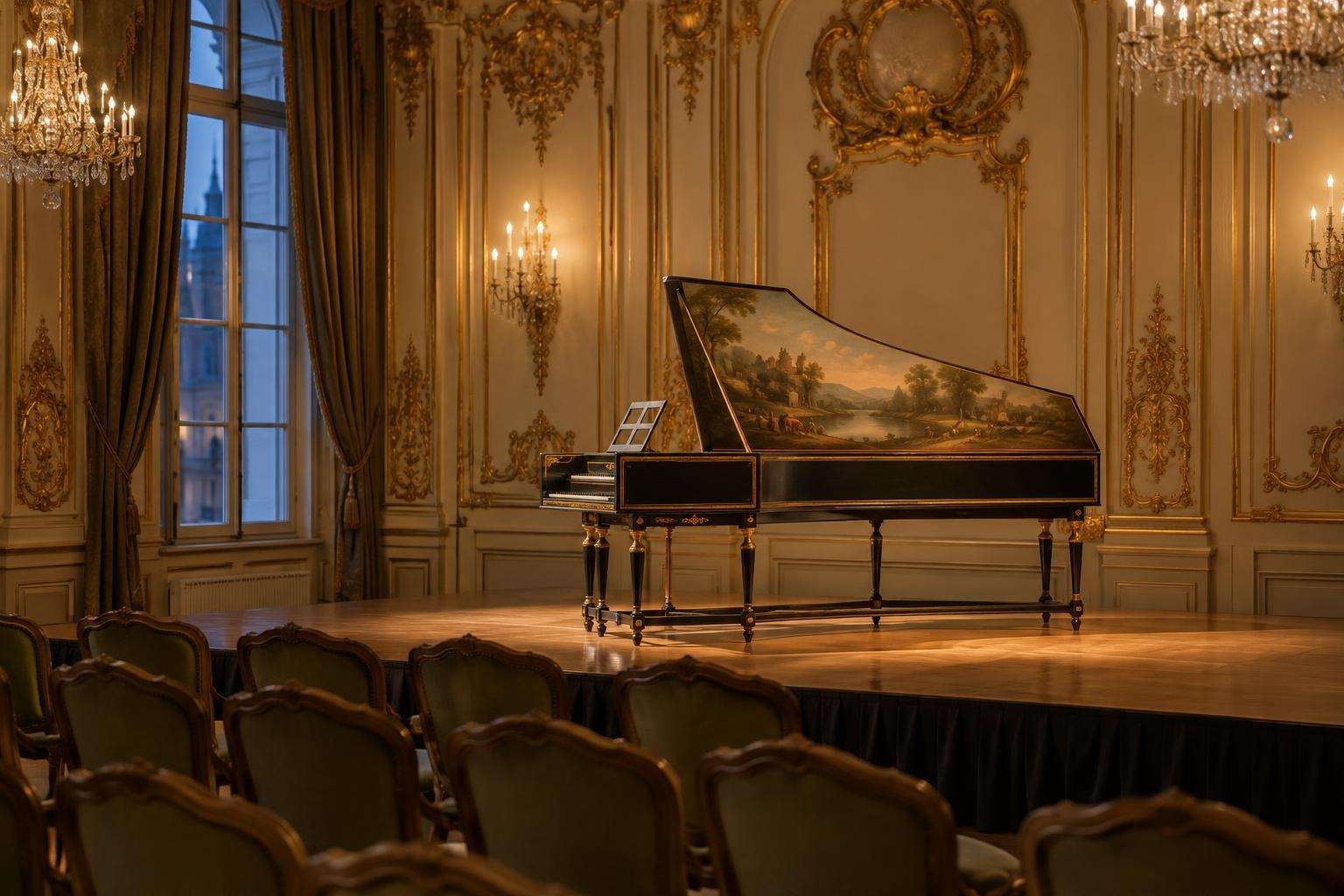 A harpsichord with a painted lid standing on a small stage in an ornate neo-Baroque hall with gilded mouldings in Leipzig, Germany