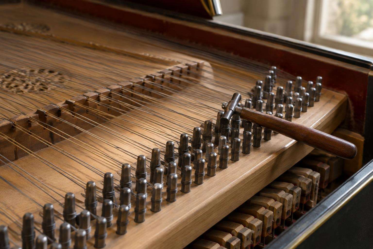 Close view of the strings, tuning pins and jacks of a harpsichord with a small tuning hammer resting on the wrest plank