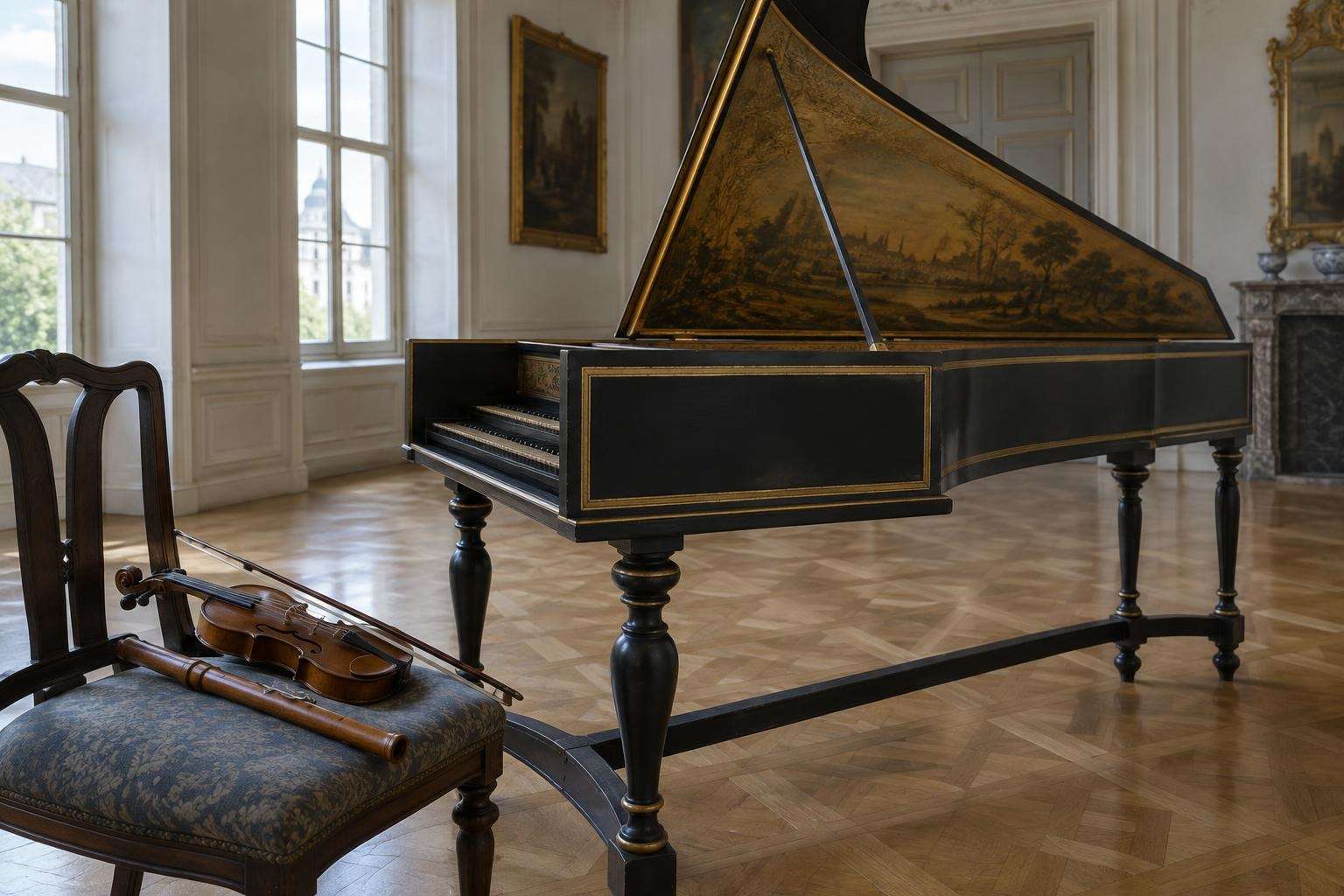 A double-manual Baroque harpsichord with its lid raised beside a transverse flute and violin on chairs in a palace room in Köthen, Germany