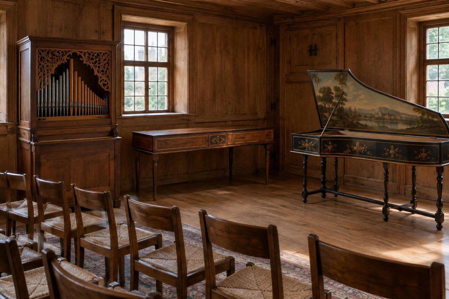 A small chamber organ, a clavichord and a spinet arranged in a wood-panelled music room with rows of chairs in a historic house in Eisenach