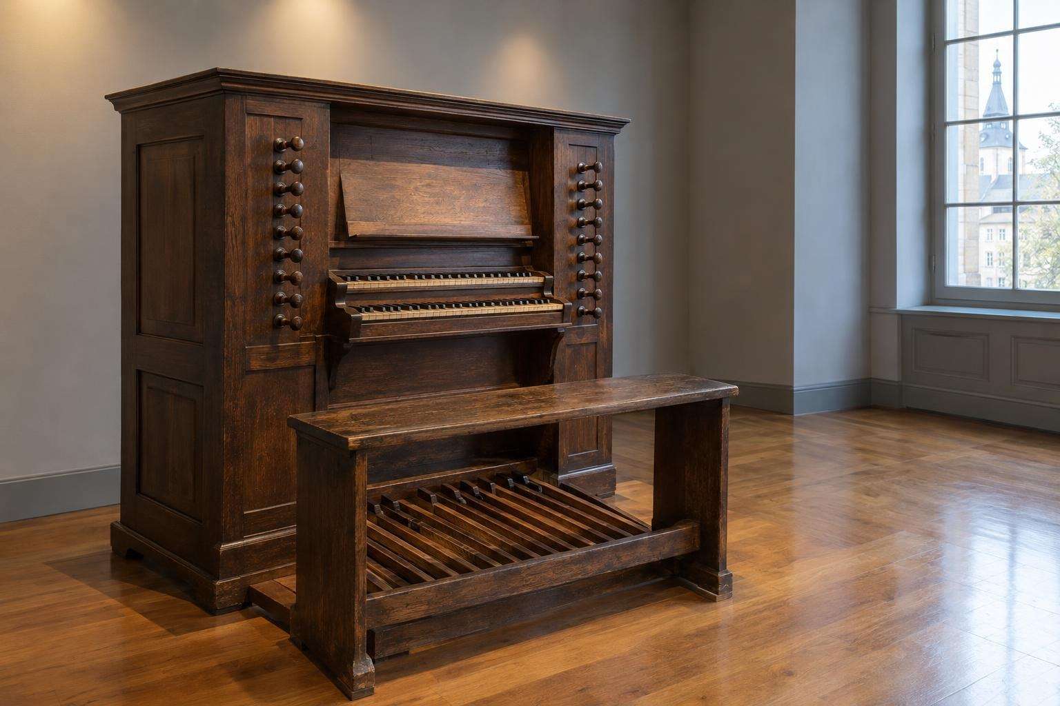 An eighteenth-century organ console with wooden stop knobs displayed in a quiet museum room in Leipzig, Germany.