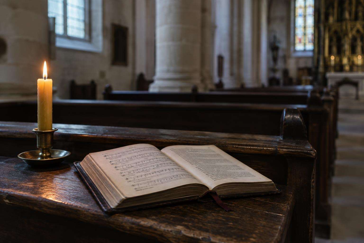 An open hymnal and a lit candle on a worn wooden pew in a Lutheran church in Leipzig, Saxony