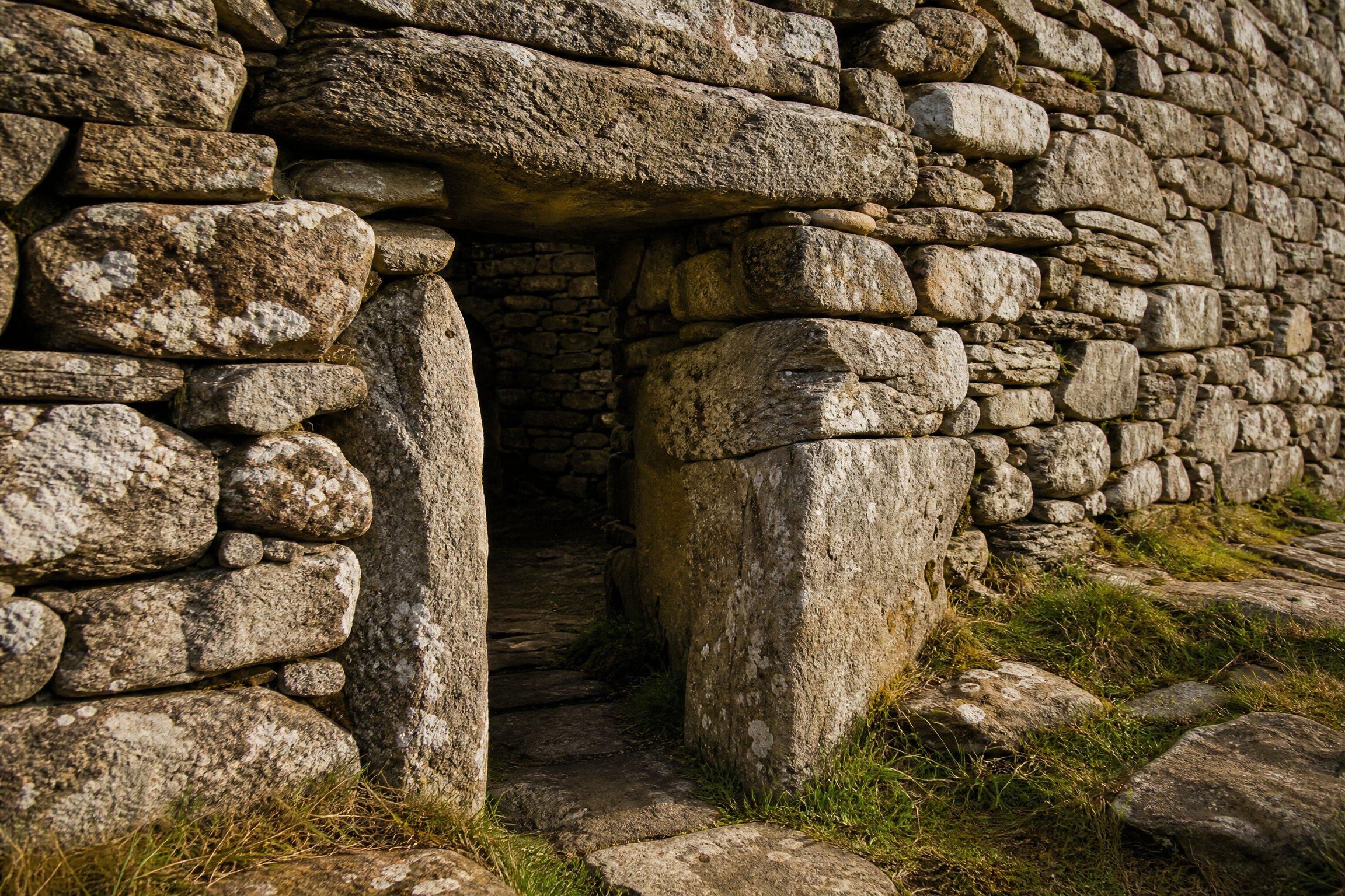Low entrance passage and drystone construction detail at Carloway Broch, Isle of Lewis