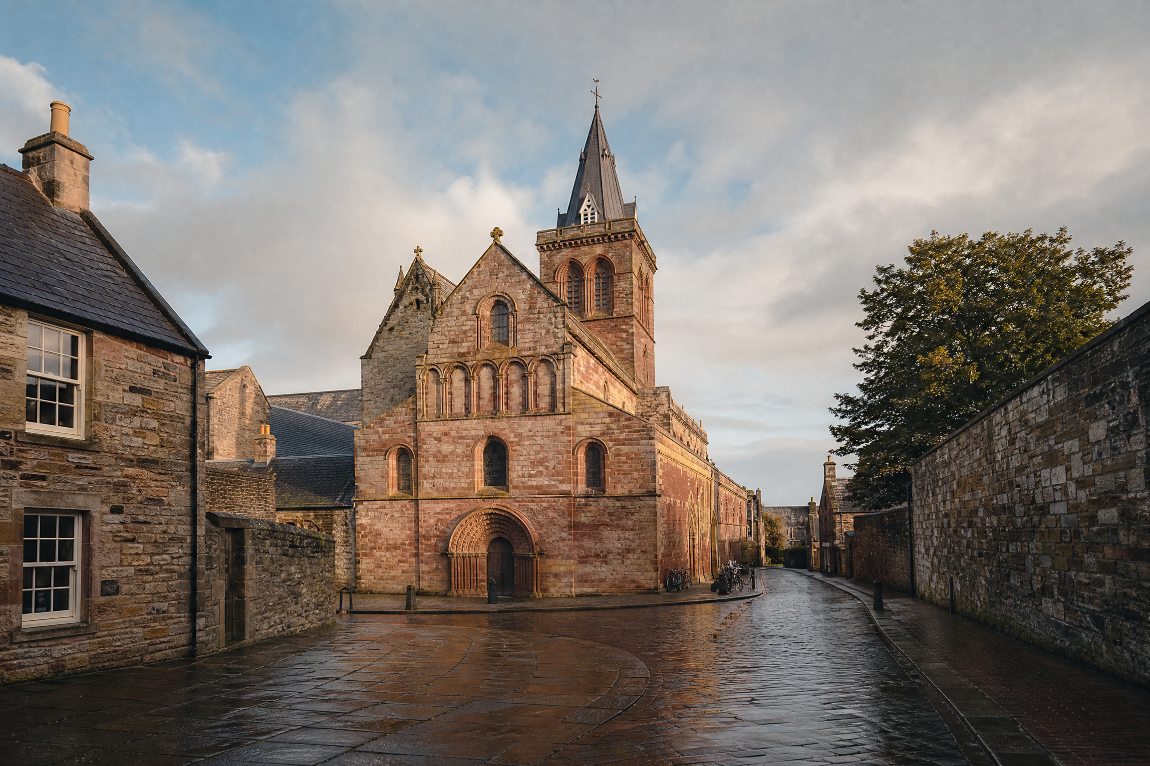 St Magnus Cathedral in Kirkwall, Orkney, after rain