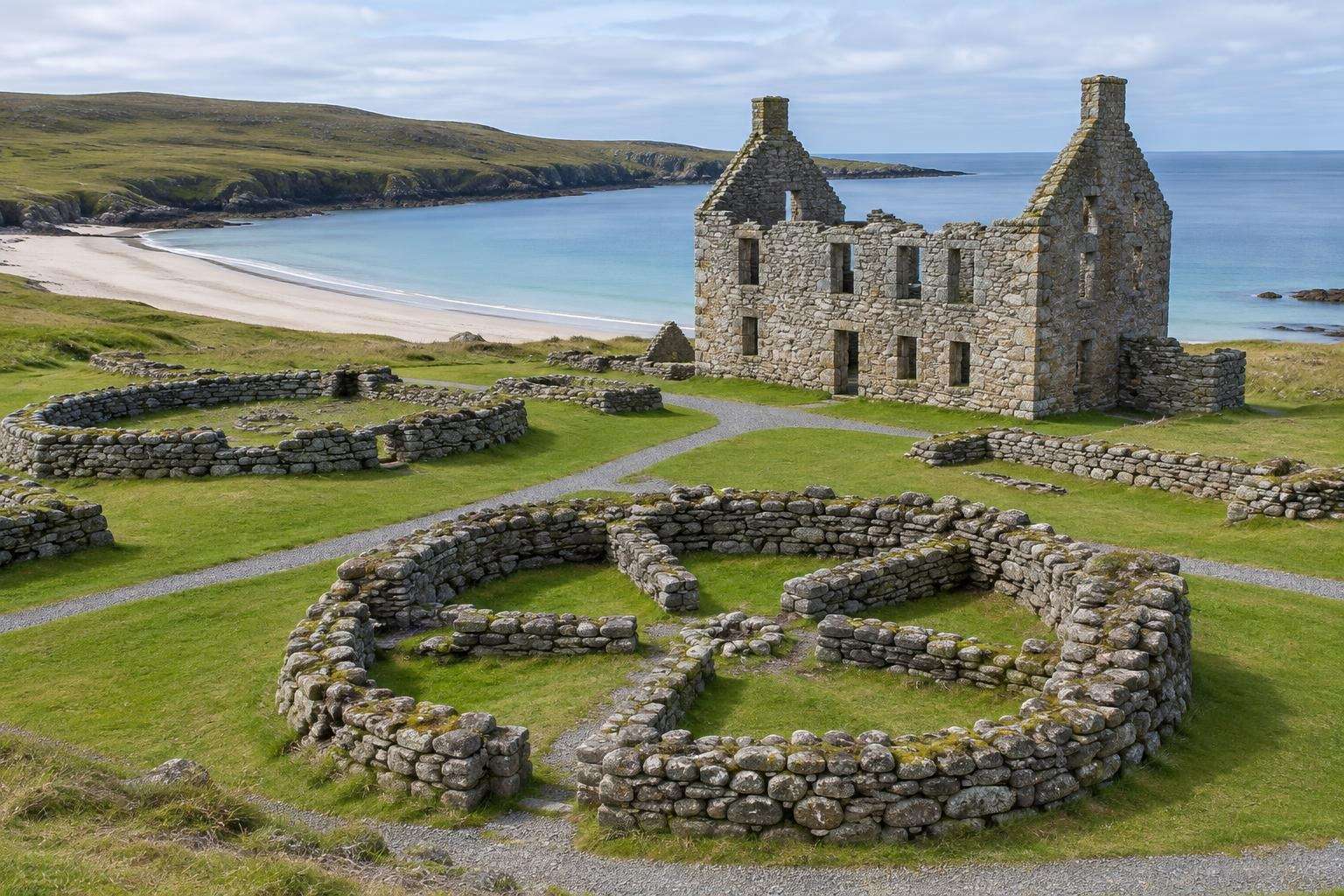 Iron Age wheelhouse walls and the ruined laird's house at Jarlshof, near Sumburgh in Shetland