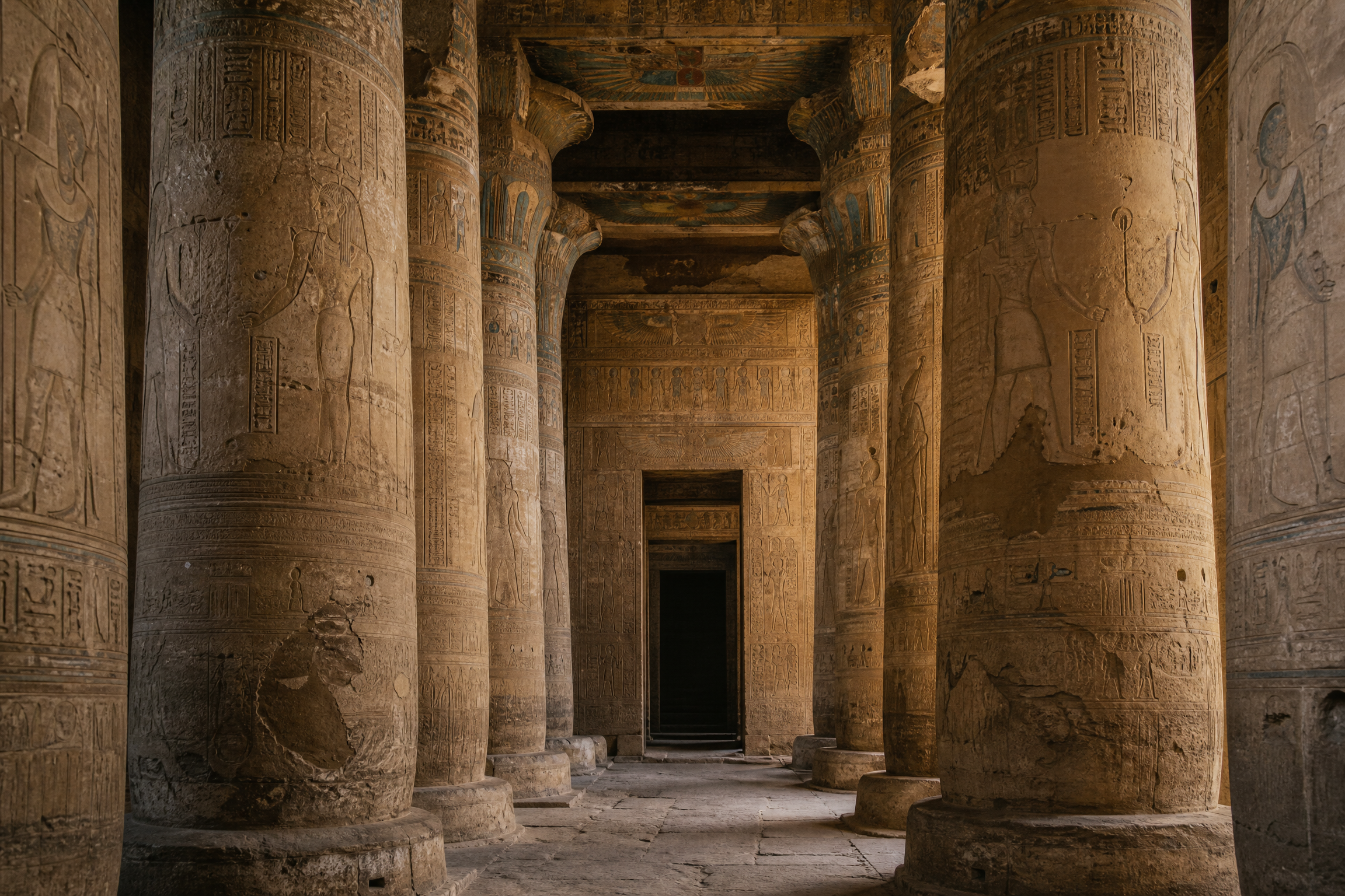 Interior of the hypostyle hall at Edfu Temple, Egypt, showing carved stone columns