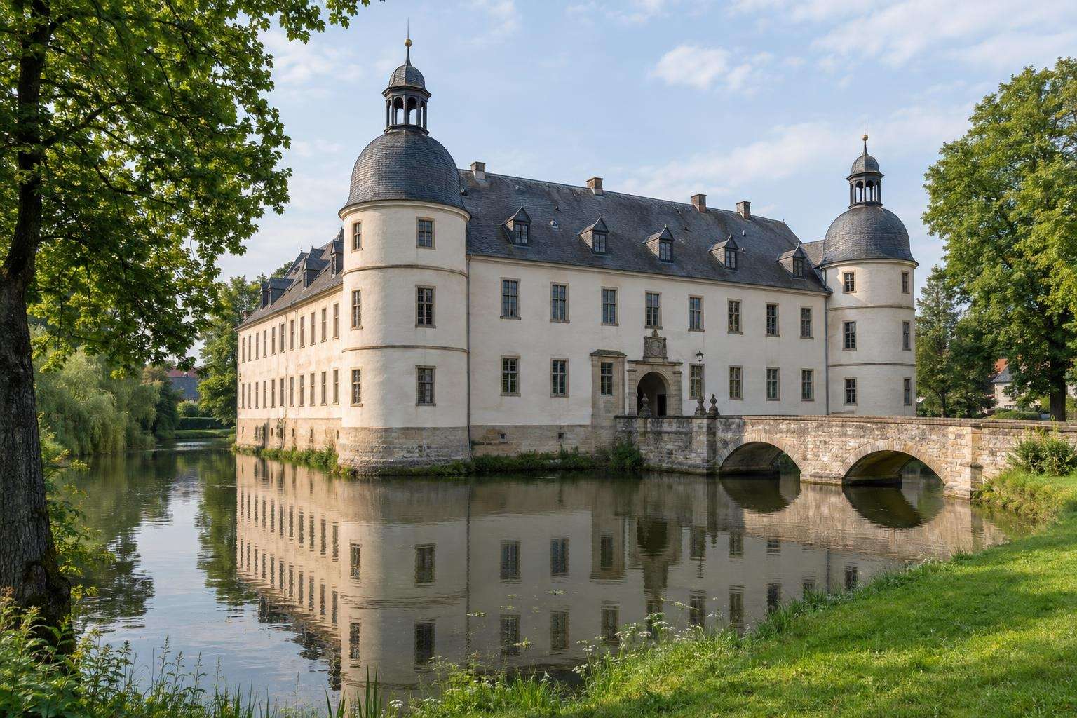 A Renaissance palace with pale rendered walls and round towers topped by dark domes, seen across a moat and park in Köthen, Germany