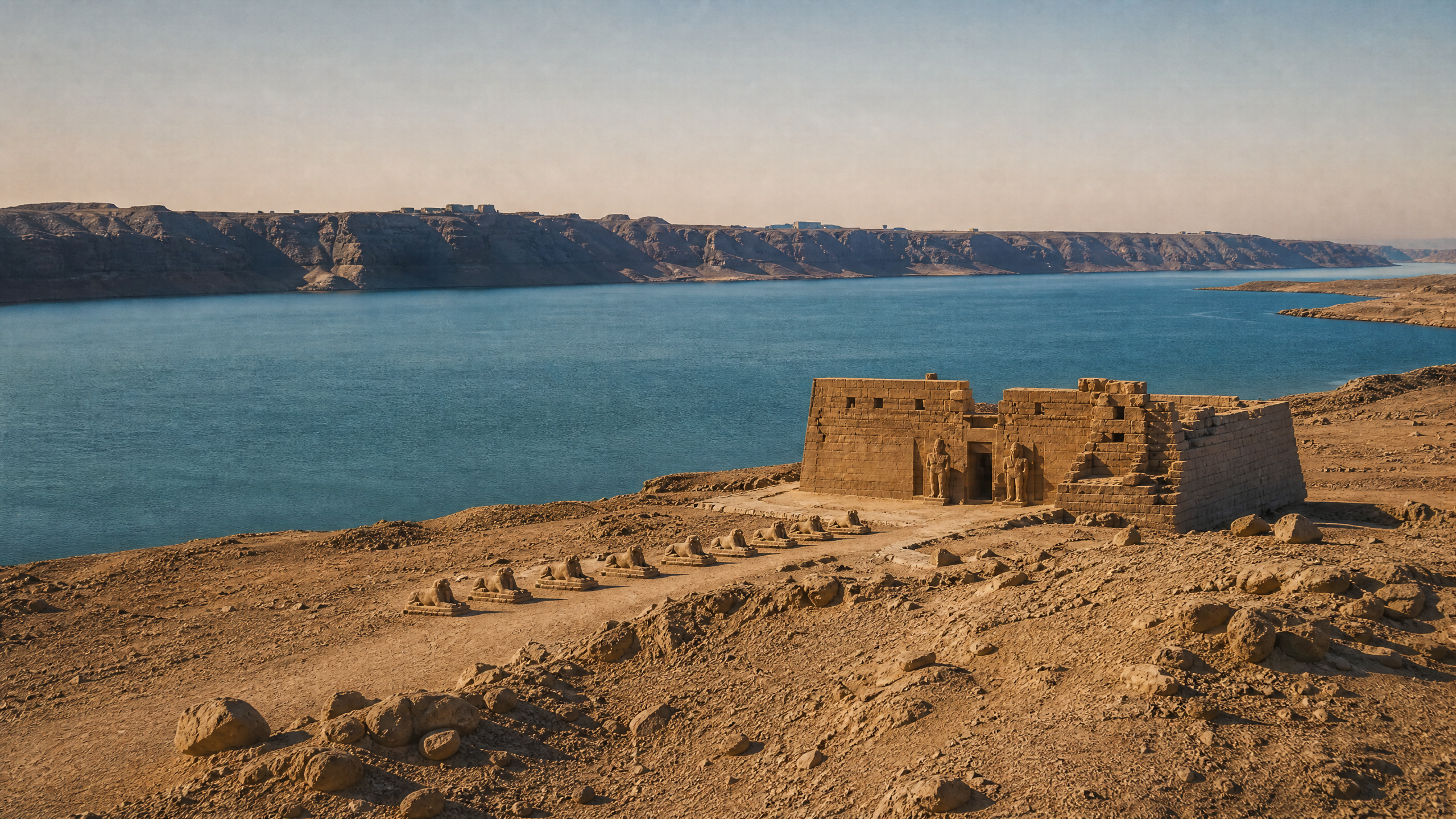 Wide landscape view of Lake Nasser with the relocated Wadi el-Seboua temple complex on its shore