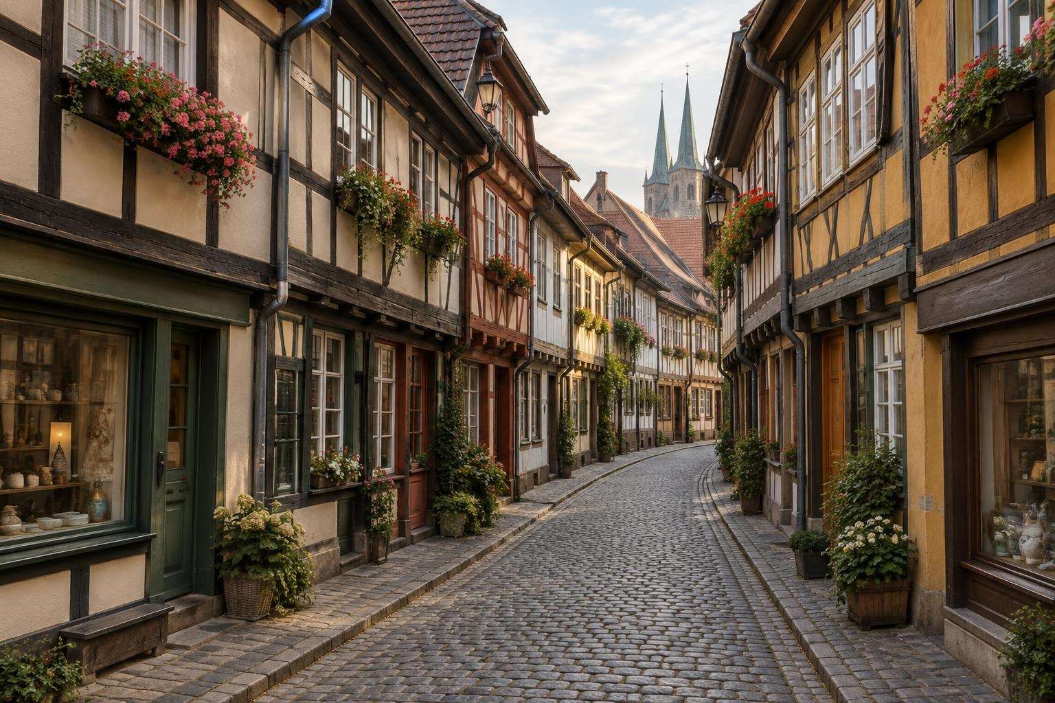 The cobbled lane across the top of Erfurt's Krämerbrücke, lined on both sides with small half-timbered houses and shopfronts
