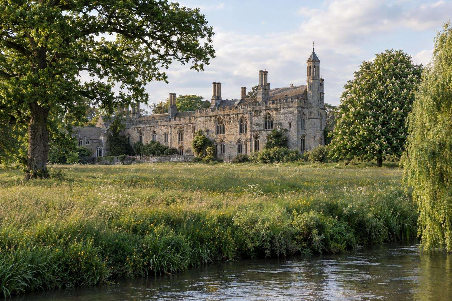 Lacock Abbey in Wiltshire seen across a riverside meadow, with its octagonal Tudor tower at one corner.