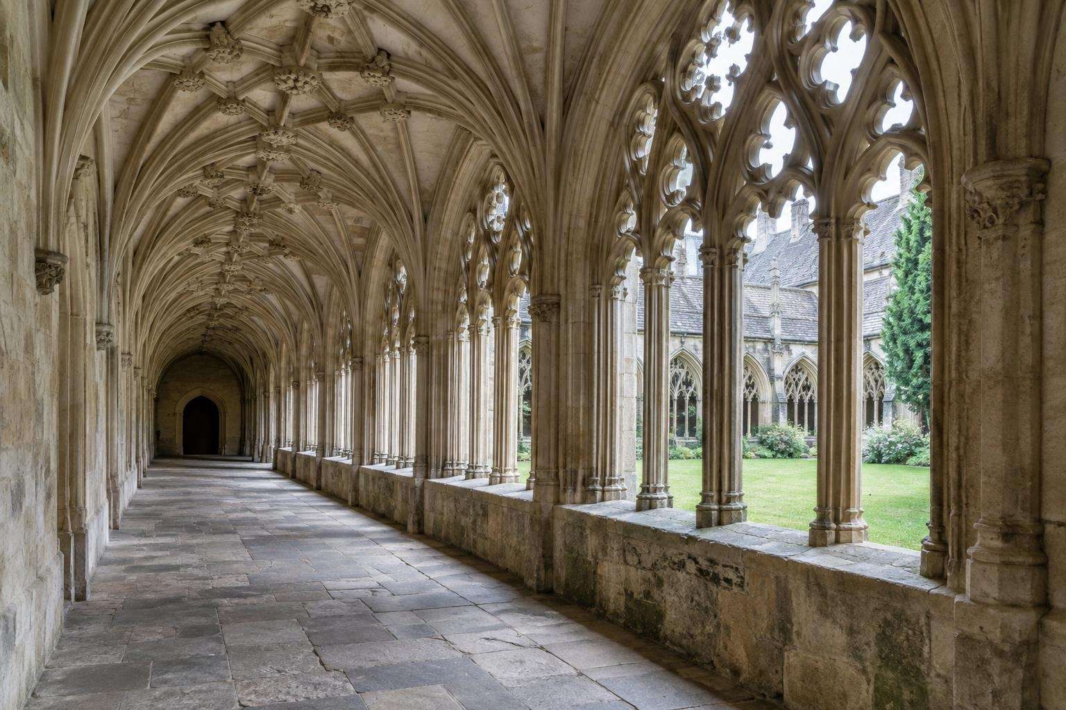 The vaulted fifteenth-century cloister walk of Lacock Abbey in Wiltshire, lit through Gothic arches.