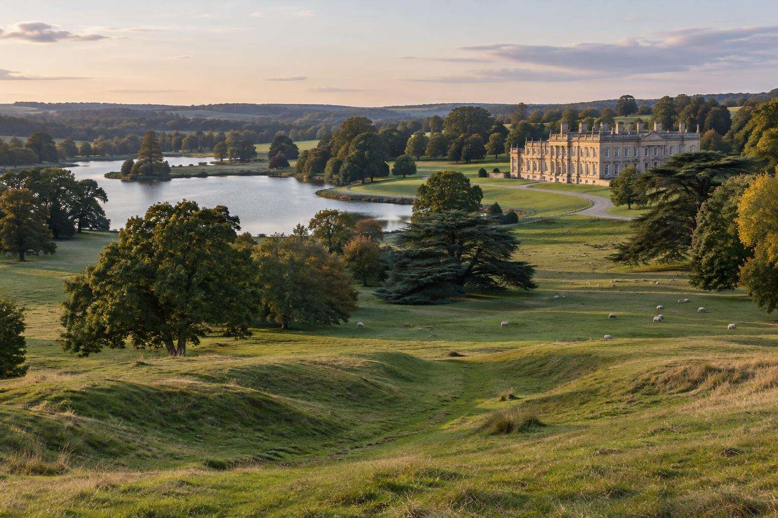 A country house in open landscaped parkland, with faint earthworks in the grass where a village once stood.