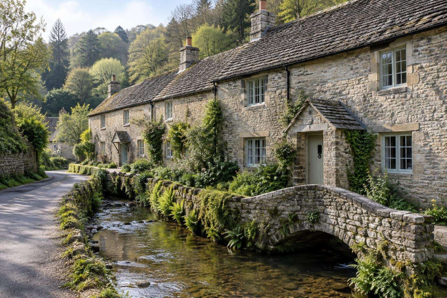 Rubble limestone cottages with stone-tiled roofs beside a brook in a north Wiltshire valley village.