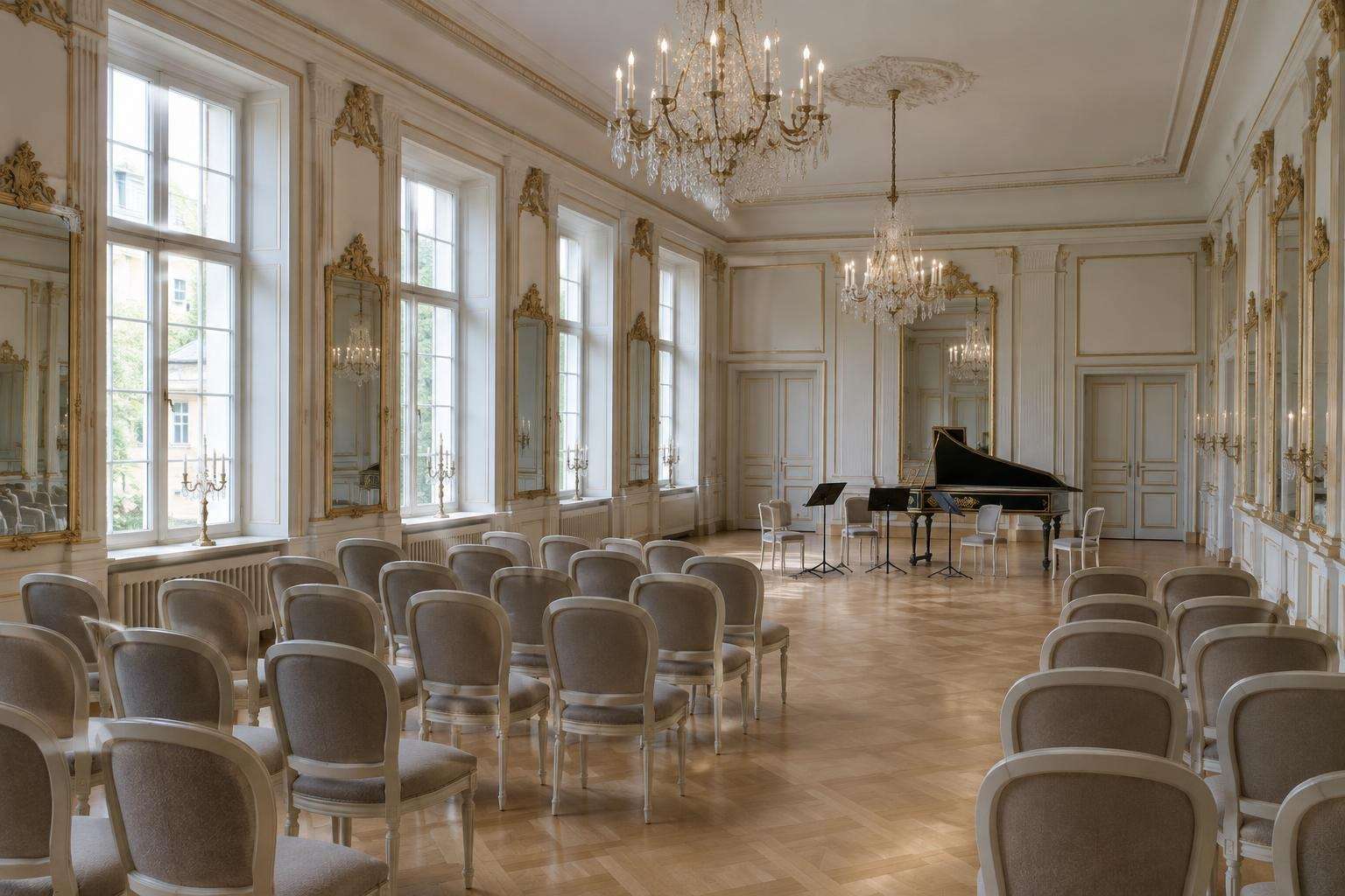 A late-classicist hall with tall mirrors, white walls, gilded mouldings and chandeliers set for a chamber concert in Köthen Castle