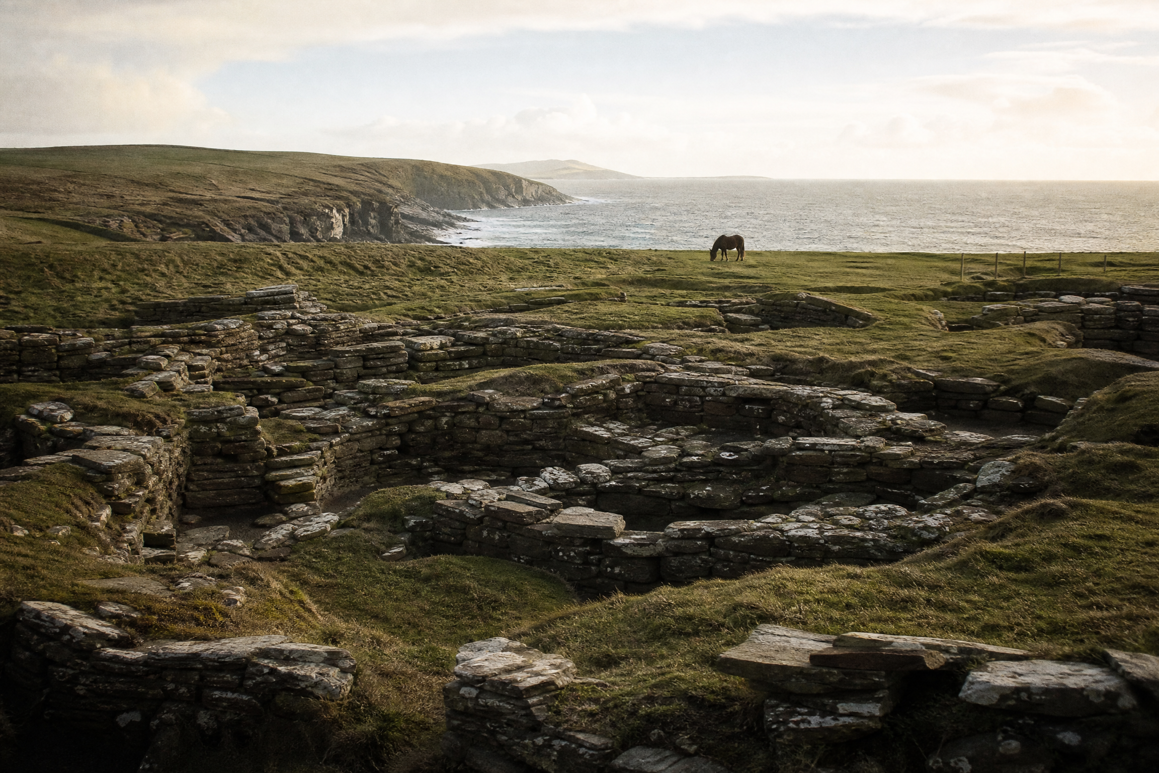 Coastal archaeological ruins with a Shetland pony grazing in the distance, Shetland Islands, Scotland