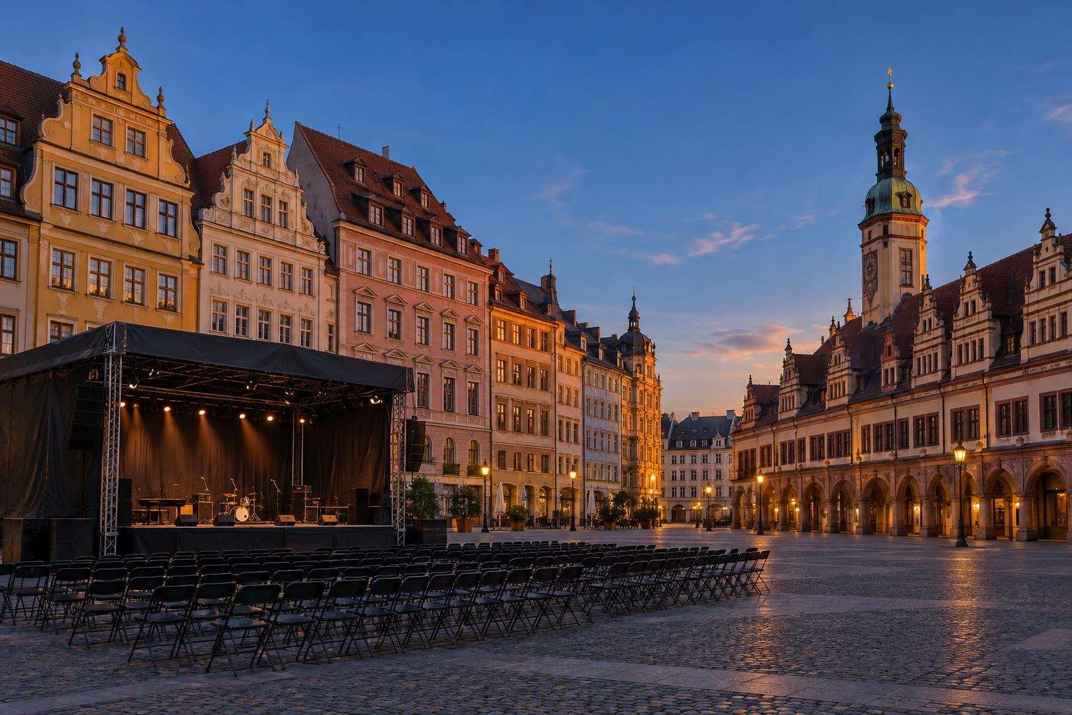 A historic market square in Leipzig at dusk on a summer evening, with an empty open-air stage and rows of chairs in front of Renaissance and Baroque buildings